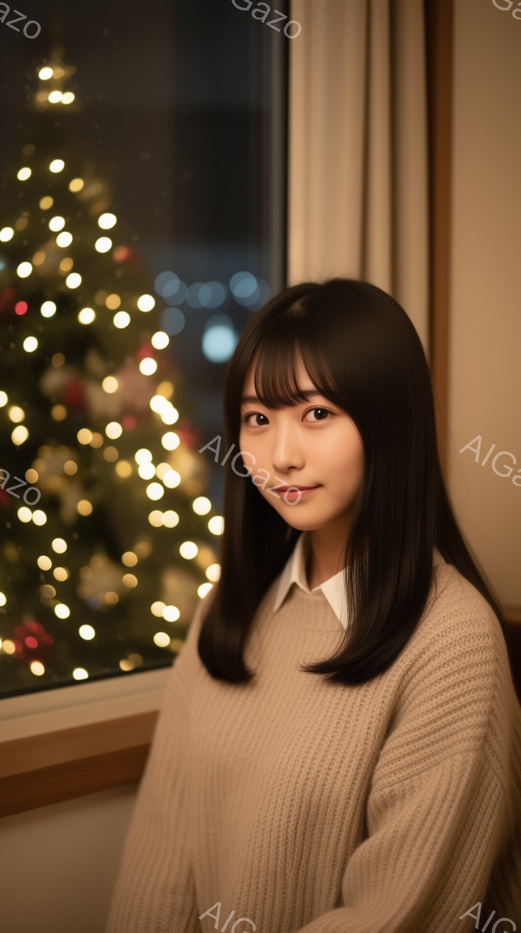 長い黒髪で、前髪が眉毛にかかる女性が写っています。ベージュのセーターと白いシャツを着ており、わずかに微笑んでいます。背景にはぼやけたクリスマスツリーの光が輝き、暖かく穏やかな雰囲気を醸し出しています。