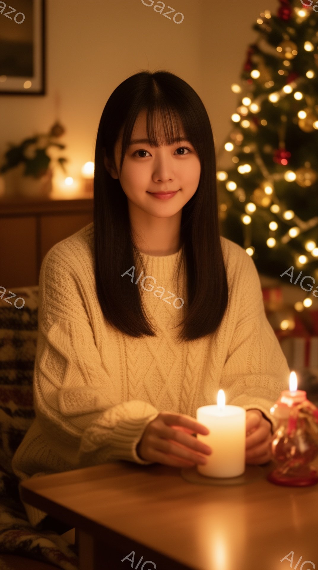 長い黒髪をセンターパートにした女性が、白いケーブルニットセーターを着て微笑んでいます。彼女は両手でキャンドルを持っており、背景にはクリスマスツリーと他の点灯されたキャンドルが見えます。全体的に暖かく、穏やかで、冬のホリデーシーズンを思わせる雰囲気です。