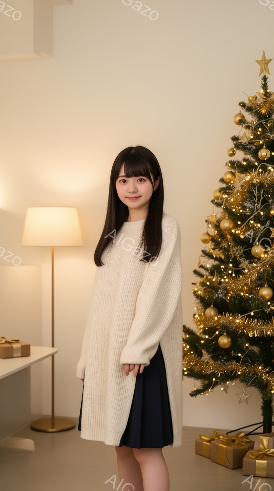 長い黒髪で前髪を切りそろえた若い女性が、オフホワイトのざっくりとしたニットのセーターと黒のスカートを着用しています。彼女はわずかに微笑んでおり、リラックスした姿勢でカメラを見ています。背景にはクリスマスツリーとプレゼントボックスがあり、温かくお祝いの雰囲気が漂っています。