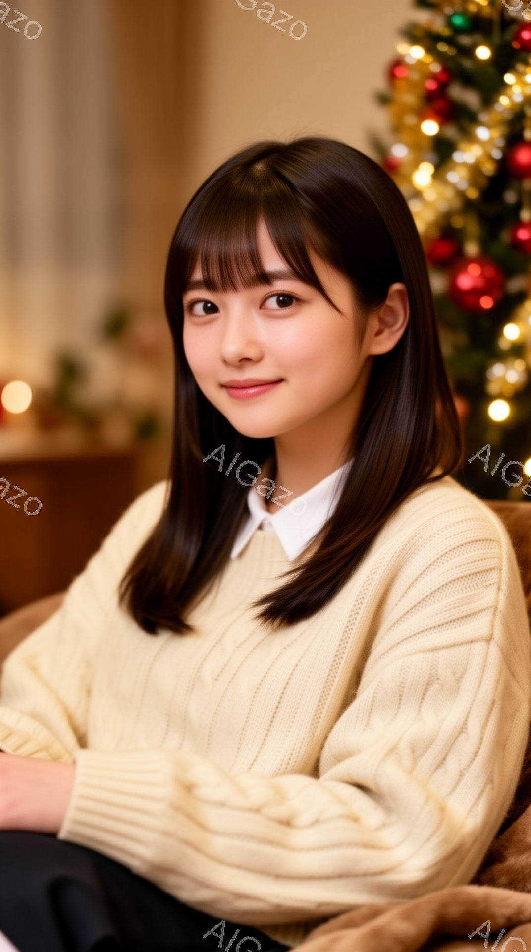 彼女はオフホワイトのケーブルニットセーターと白い襟のシャツを着ており、肩までの長さのダークブラウンの髪型に整髪されています。彼女はわずかに微笑んでおり、リラックスした姿勢で座っています。背景にはぼやけたクリスマスツリーがあり、温かく穏やかな雰囲気を醸し出しています。
