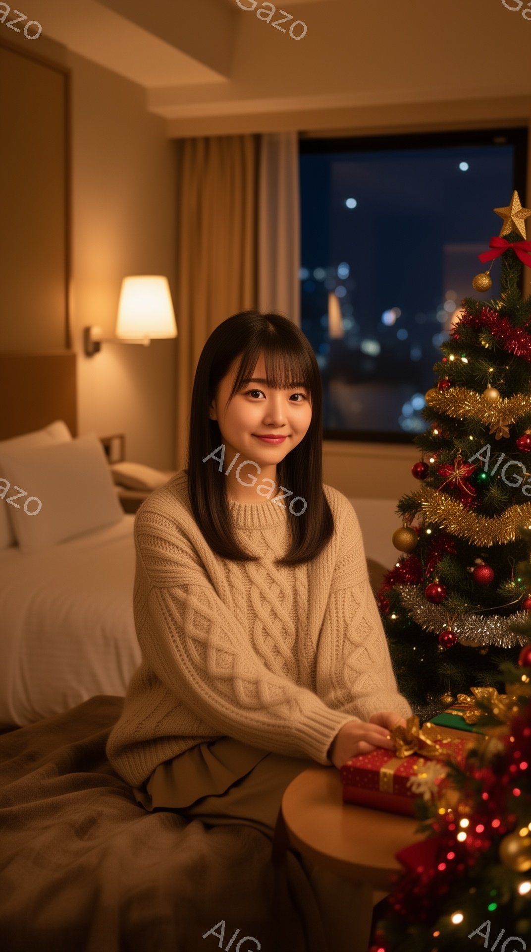 長い黒髪の女性が、クリーム色のケーブルニットセーターとベージュのパンツ姿でベッドに座っています。彼女は微笑んでおり、正面を見ています。背景には、飾り付けられたクリスマスツリーと夜景が見える窓があり、温 - AI生成フリー素材