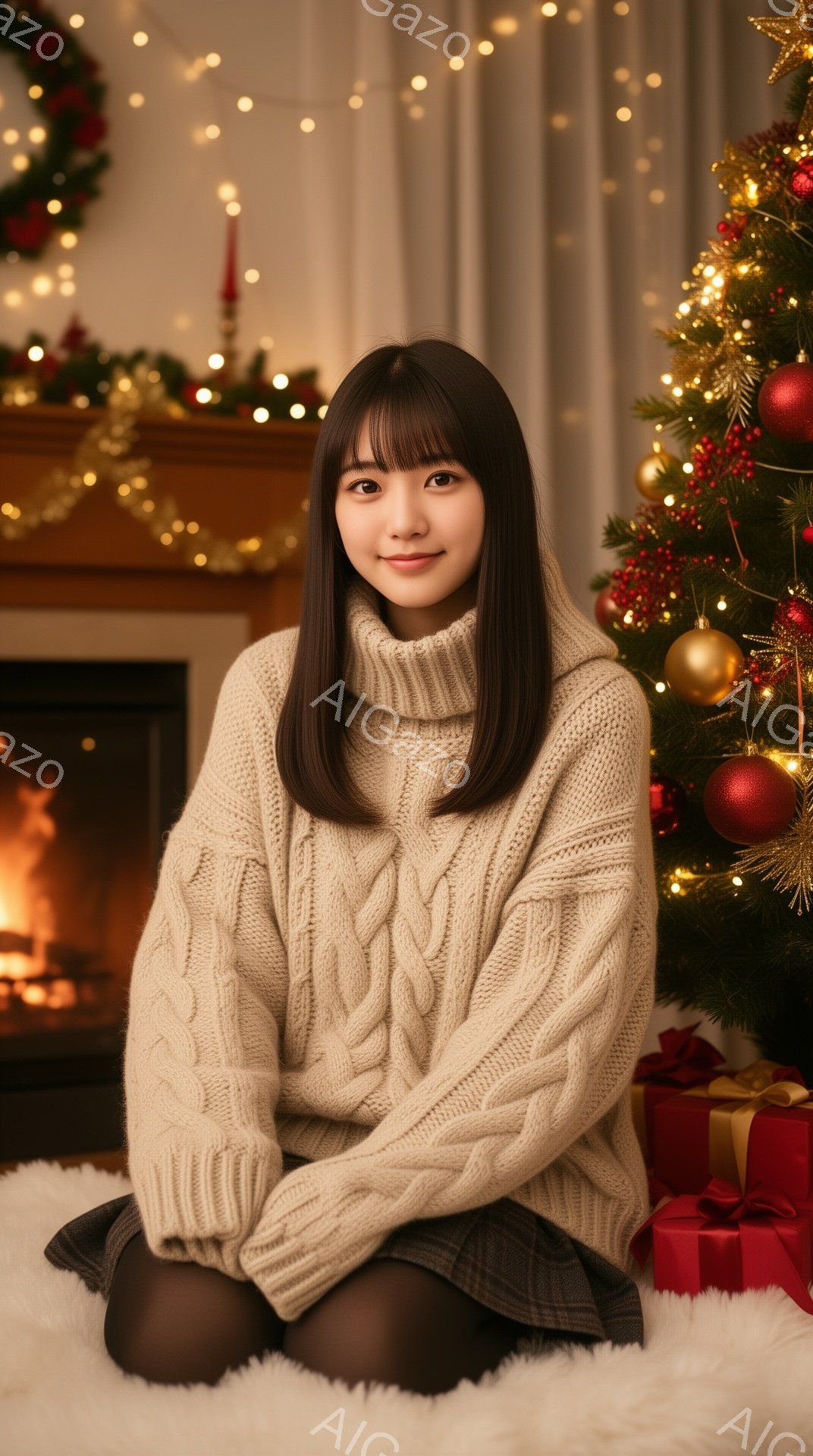 若い女性がクリスマスツリーの前でひざまずいて座っています。オフホワイトのケーブルニットセーターとチェック柄のスカート、黒いタイツを着用し、前髪を下ろしたストレートヘアが特徴的です。背景には暖炉やクリスマス装飾が施された部屋が写っており、全体的に温かく穏やかな雰囲気が漂っています。