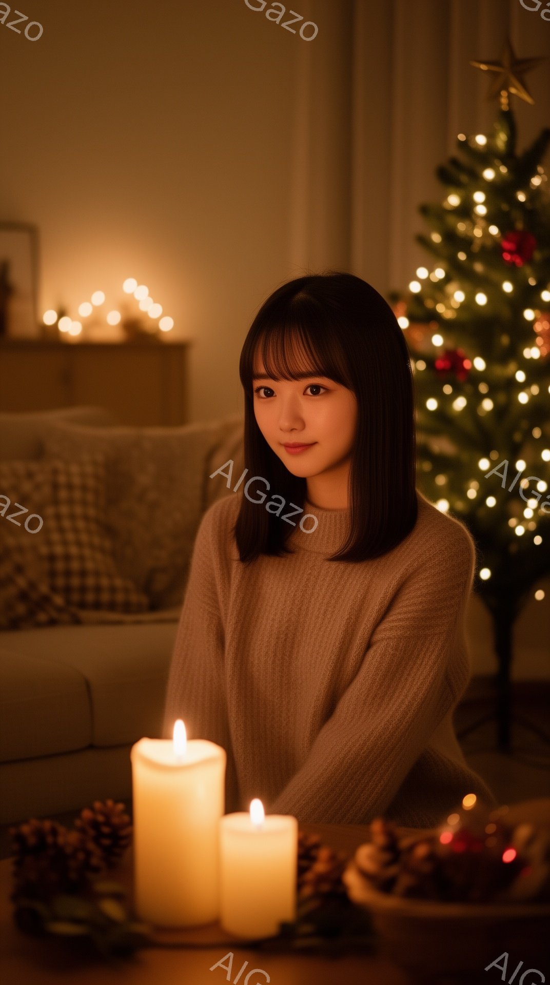 明るい茶色のニットセーターを着た若い女性が、少し微笑みながらカメラを見つめている。背景には、装飾されたクリスマスツリーと、暖色系の光が灯るキャンドルが置かれたテーブルがあり、温かく居心地の良い雰囲気を醸し出している。彼女の髪は肩までの長さで、前髪が少し目にかかるようにカットされている。