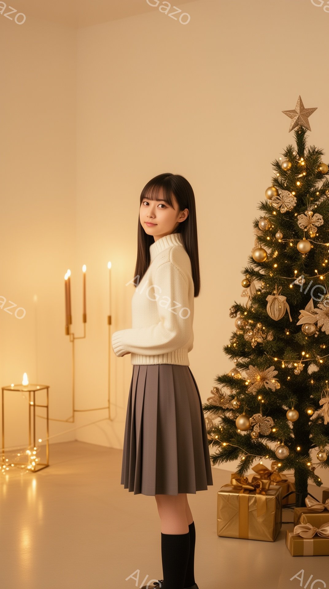 画像には、クリスマスの背景の前でポーズをとる若い女性が写っています。彼女はオフホワイトのセーターとグレーのプリーツスカート、黒い靴下と靴を着用しており、髪は肩まで伸びており、表情は穏やかです。背景には、キラキラと光るオーナメントとプレゼントが飾られたクリスマスツリー、そしていくつかのキャンドルが置かれたシンプルな金色のテーブルがあります。