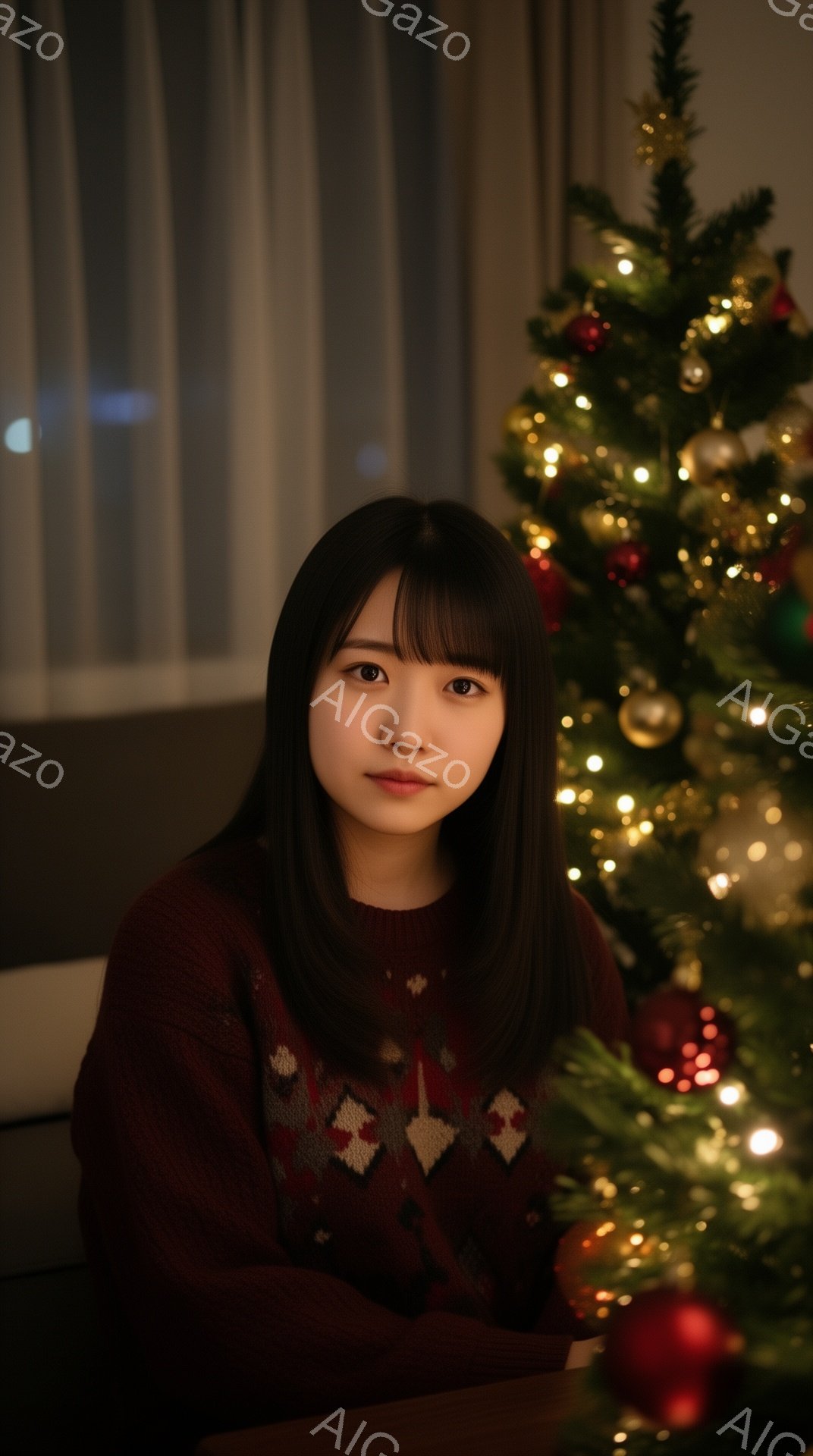 深紅色のニットセーターを着た若い女性が、カメラの方を見て穏やかな表情を浮かべています。彼女はストレートで艶やかな黒髪を持ち、前髪は眉毛にかかるようにカットされています。背景には、キラキラと輝くクリスマスツリーがぼやけており、温かく、お祝いムードの漂うポートレートです。