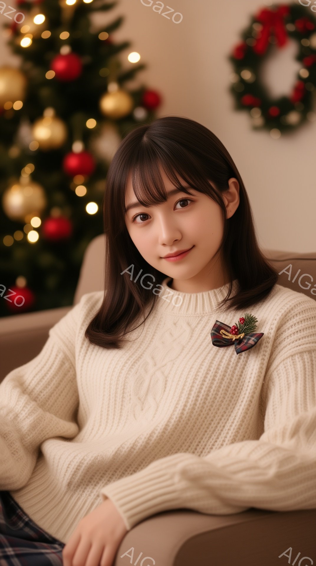 明るい笑顔を浮かべた若い女性が、オフホワイトのケーブルニットセーターを着てソファーに座っています。彼女は前髪を下ろしたダークブラウンのロングヘアで、セーターにはクリスマスらしいブローチがついています。背景にはクリスマスツリーとリースが見え、暖かくお祝いムードに包まれた室内であることがわかります。