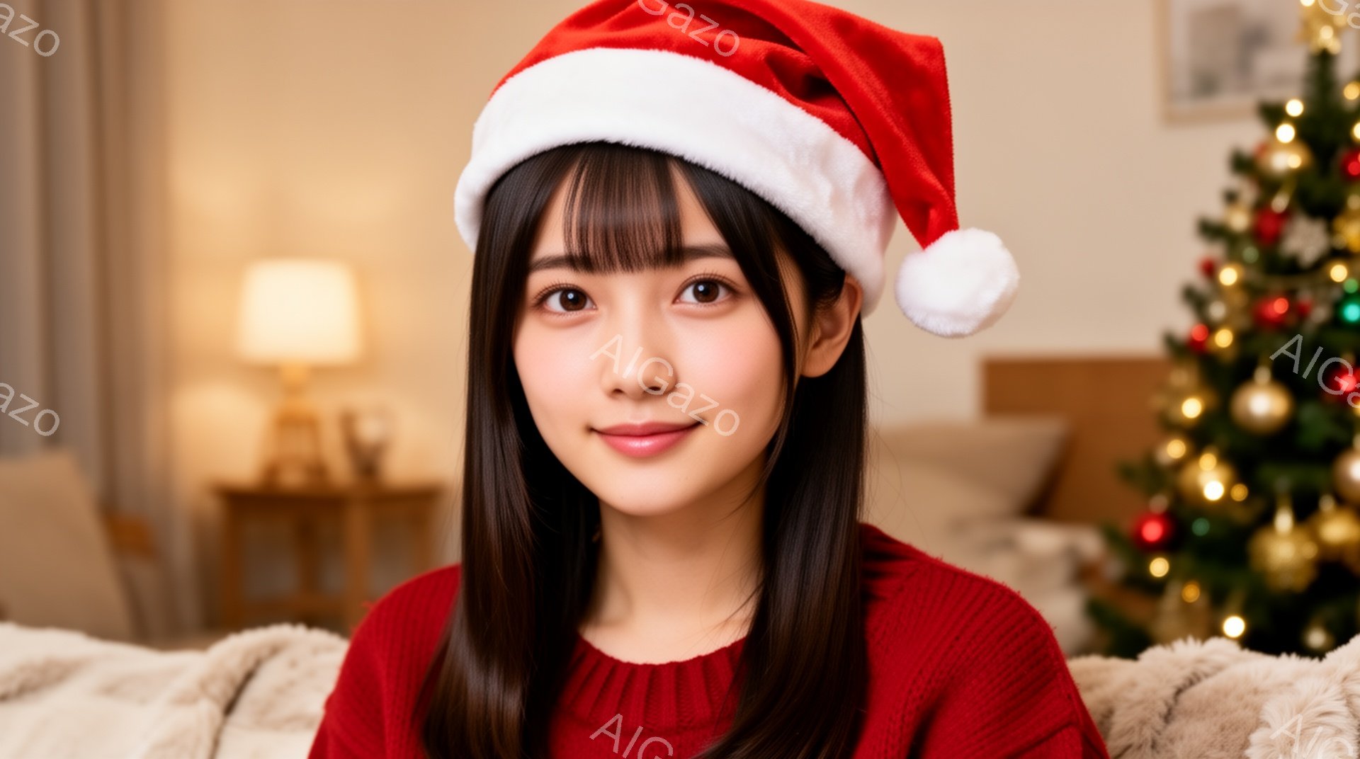 画像には、赤いセーターを着てサンタ帽をかぶった若い女性が写っています。彼女は微笑んでおり、黒髪のストレートヘアが肩まで伸びています。背景には、ぼやけたクリスマスツリーと、暖色系の照明で照らされたリビングルームが見えます。
