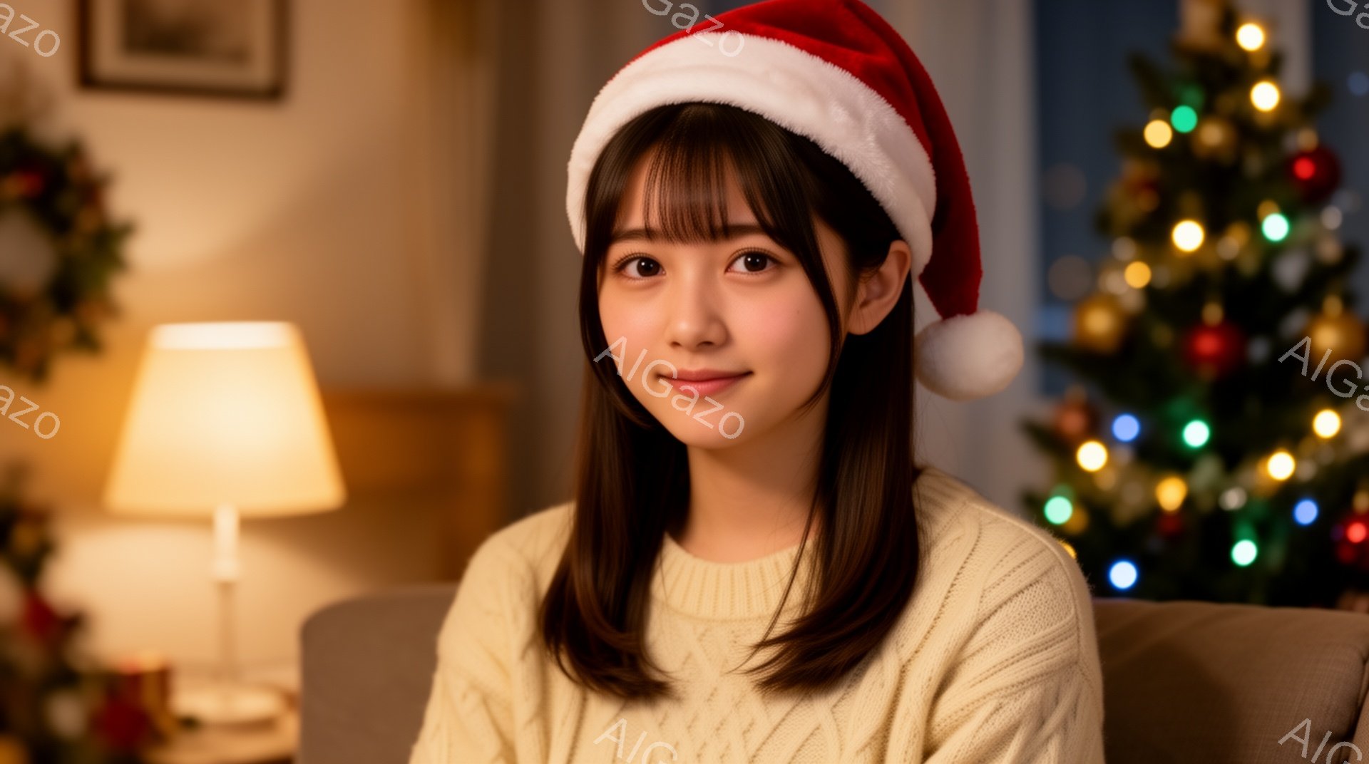 若い女性がサンタの帽子をかぶり、ベージュ色のニットを着ています。彼女は穏やかな笑顔でカメラを見つめ、長い黒髪は肩にかかっています。背景には、装飾されたクリスマスツリーと間接照明があり、暖かく居心地の良い雰囲気を作り出しています。