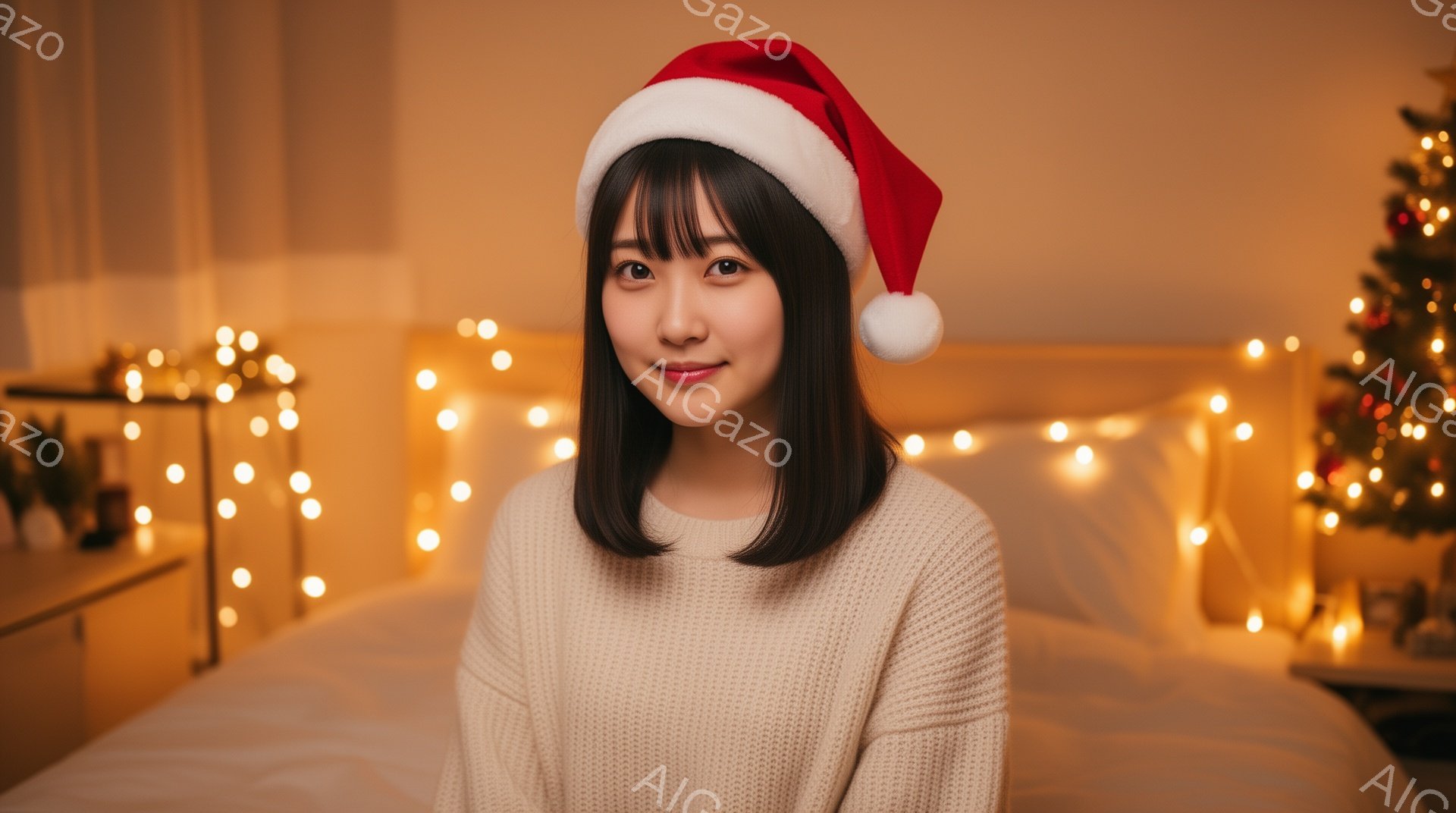 女性はクリスマスツリーの背景で、白いセーターとサンタ帽をかぶって微笑んでいます。彼女は肩から上を捉えられ、暗い暖色系の照明の下で、少し後ろを向いた状態でカメラを見ています。背景にはぼんやりとしたベッドと、温かい光を放つ小さな電球の飾りが見えます。