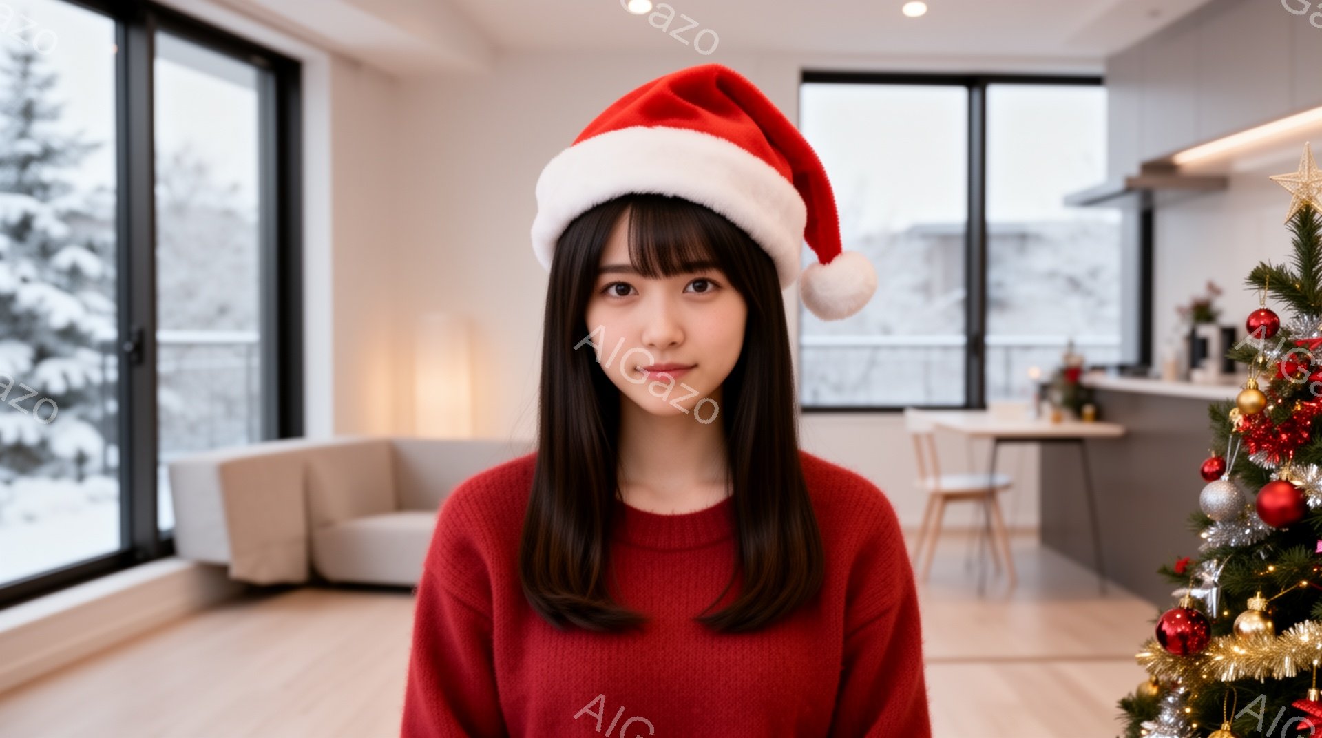 黒髪で前髪のある若い女性が、赤いセーターとサンタ帽を着用して正面を向いています。彼女は穏やかな微笑みを浮かべており、背景には窓の外に雪景色が見え、室内にはクリスマスツリーが飾られています。暖色系の照明とクリスマスの装飾が、温かく心地よい雰囲気を醸し出しています。