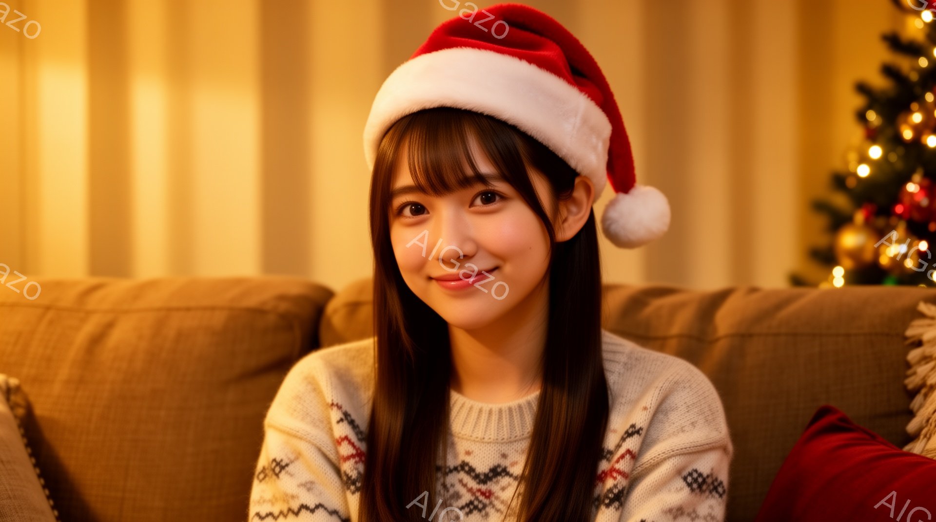長い黒髪で、前髪は眉毛にかかるようにカットされた若い女性が、白いフェアイル柄のセーターを着て、赤いサンタ帽をかぶっています。彼女はソファに座って微笑んでおり、表情は柔らかく、親しみやすいです。背景には、ぼやけたクリスマスツリーの光があり、暖かく、お祝いの雰囲気です。