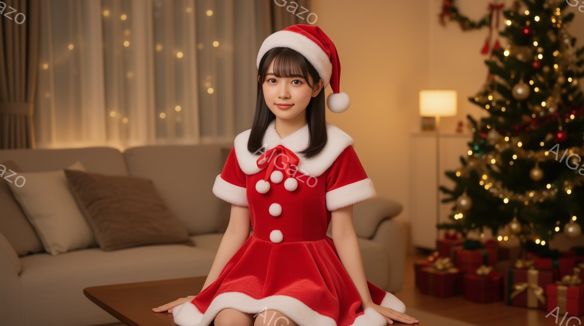 クリスマスをテーマにした若い女性が写っています。赤いサンタクロースの衣装を着て、白いフリルが付いた帽子をかぶり、微笑んでいます。背景には、キラキラ光るクリスマスツリーとプレゼントの山があり、暖かくお祝いムードの室内が広がっています。