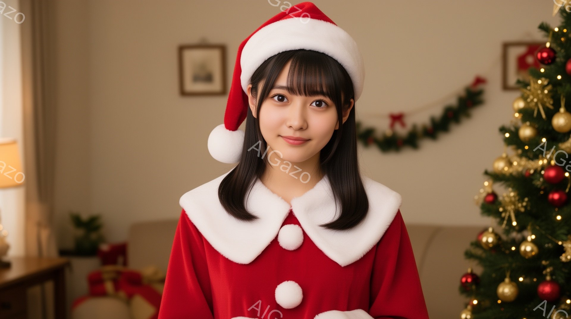 彼女はサンタクロースの衣装を着ており、赤いドレスには白いフリルとボタンが付いています。黒髪のボブヘアで、前髪は眉毛のあたりで切り揃えられています。背景にはクリスマスツリーと装飾があり、暖かく幸せな雰囲気が漂っています。