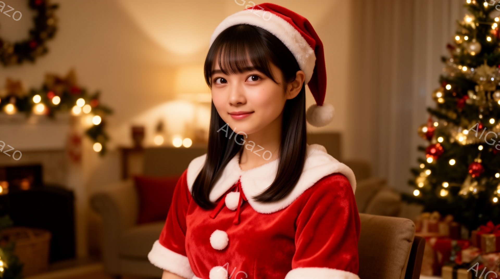 画像には、赤いサンタクロースの衣装を着た若い女性が写っています。彼女は黒髪のストレートヘアで、少し微笑んでおり、優しげな表情をしています。背景には、クリスマスツリーや暖炉が見え、暖かくお祝いムードに満ちた室内です。