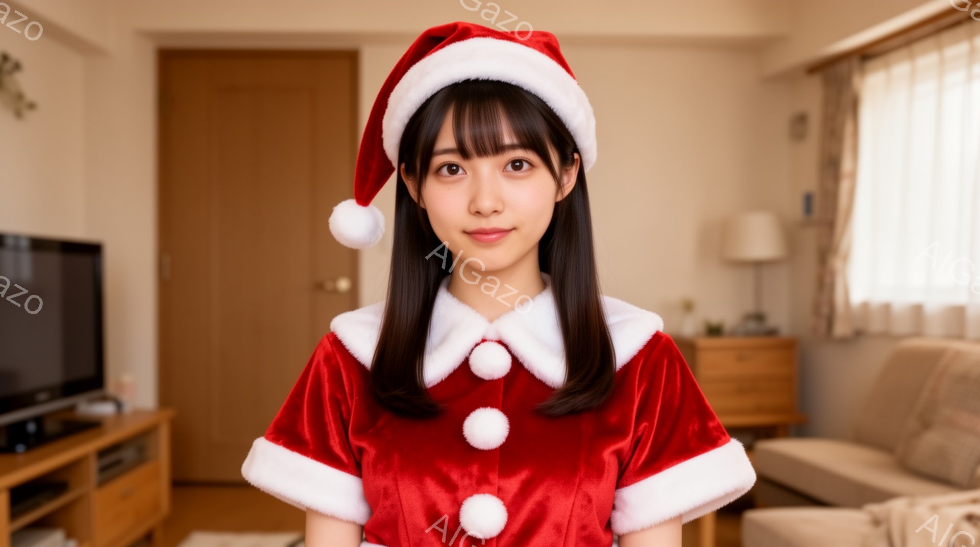 この女性はクリスマス風の衣装を着ており、赤いベルベットのドレスと白い縁取りが特徴的です。彼女は黒髪で前髪が少し短く、笑顔でカメラを見ています。背景には木製の家具とベージュ色のソファがあり、室内でリラッ - AI生成フリー素材