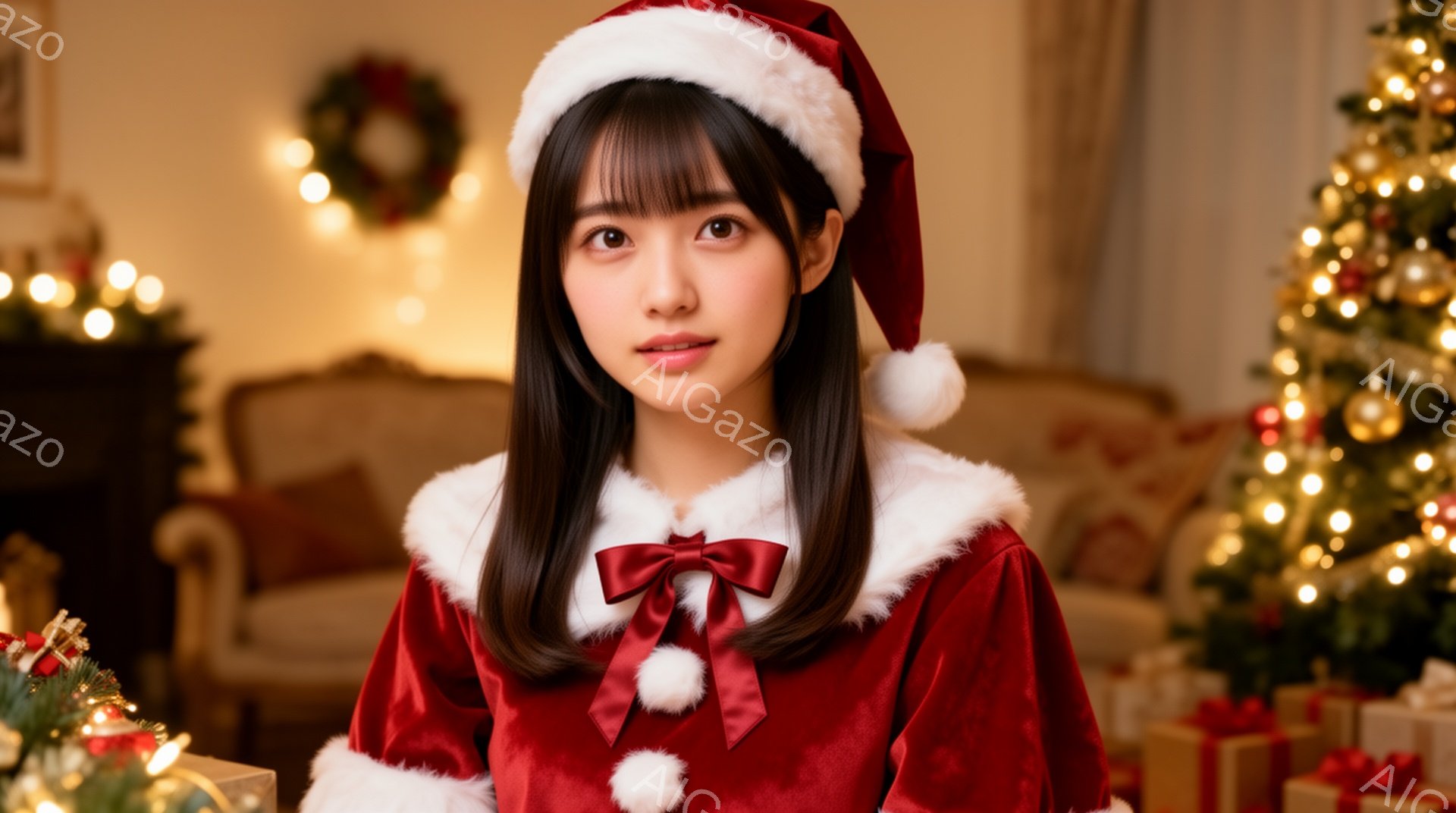 画像は、クリスマス衣装を着た若い女性が写っています。彼女は赤いベルベットのドレスと白いファーのトリミング、そしてサンタ帽を身に着けており、明るい笑顔を浮かべています。背景には、装飾されたクリスマスツリーやギフトボックス、そして暖炉が見え、温かくお祝いの雰囲気です。