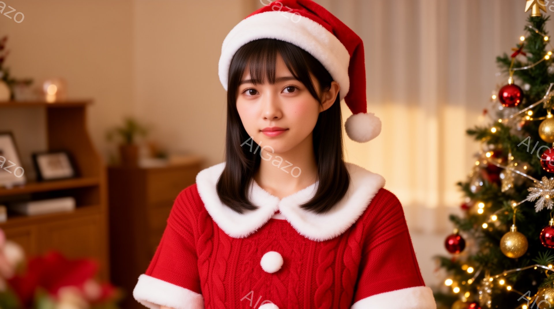 画像には、赤いサンタの帽子を被った若い女性が写っています。彼女は赤いケーブルニットのドレスを着ており、白いフリル襟とボタンがアクセントになっています。背景には、装飾されたクリスマスツリーと木製のキャビネットがあり、温かくお祝いの雰囲気を醸し出しています。