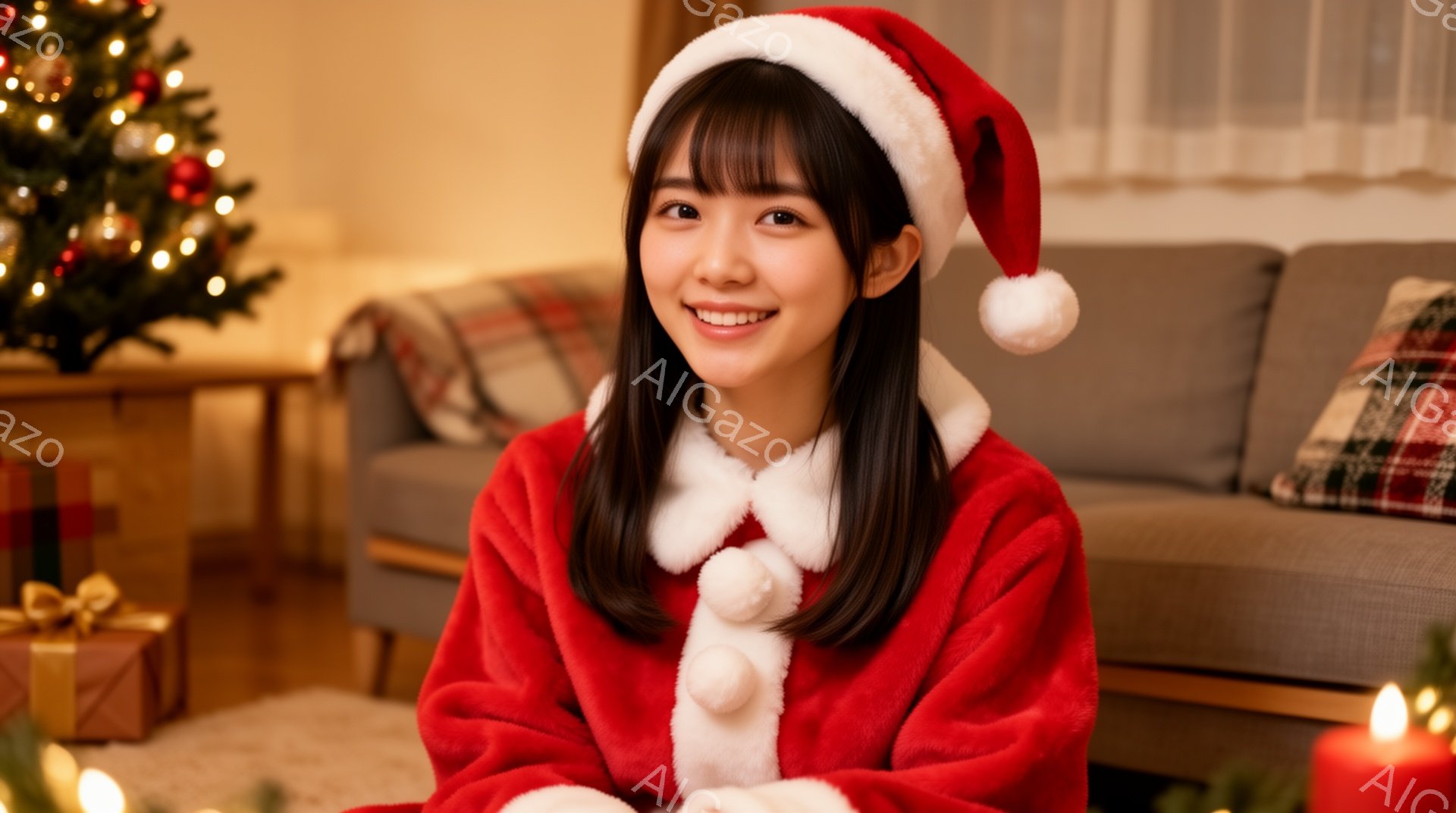 若い女性が赤いサンタクロースの衣装を着て、カメラに向かって微笑んでいます。彼女は長い黒髪で、前髪は眉毛にかかるようにカットされています。背景にはクリスマスツリーやプレゼントボックス、そして暖炉のような装飾が施されたリビングルームが見えます。