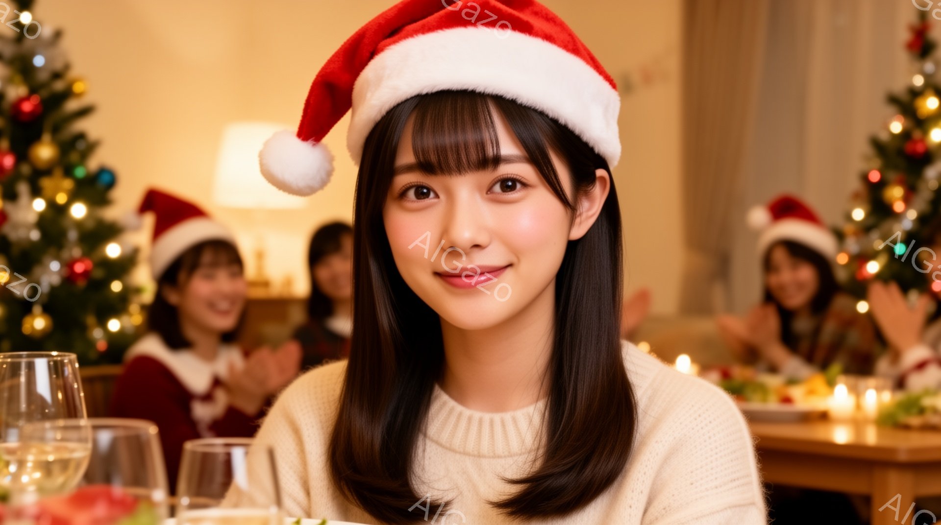 画像には、赤いサンタ帽をかぶった若い女性が写っています。彼女は白いセーターを着ており、真っ直ぐな黒髪が肩にかかっています。背景にはクリスマスツリーや他のサンタ帽をかぶった女性たちがぼやけて写っており、 - AI生成フリー素材