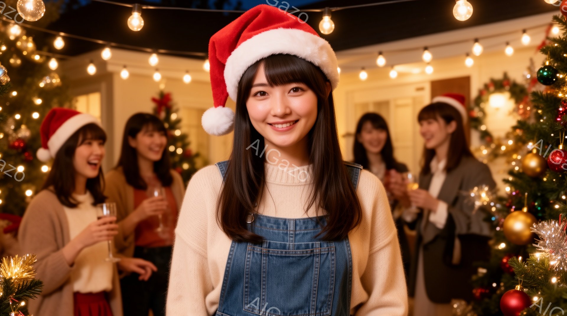 画像は、クリスマスの装飾がされた背景の前で、赤いサンタ帽を被った若い女性が正面を向いて微笑んでいる様子を捉えています。彼女は白いセーターとデニムのオーバーオールを着ており、髪は肩にかかる長さで、明るい表情をしています。背景には、シャンパングラスを持つ他の女性たちがおり、クリスマスの飾り付けや電飾が暖かく楽しい雰囲気を醸し出しています。