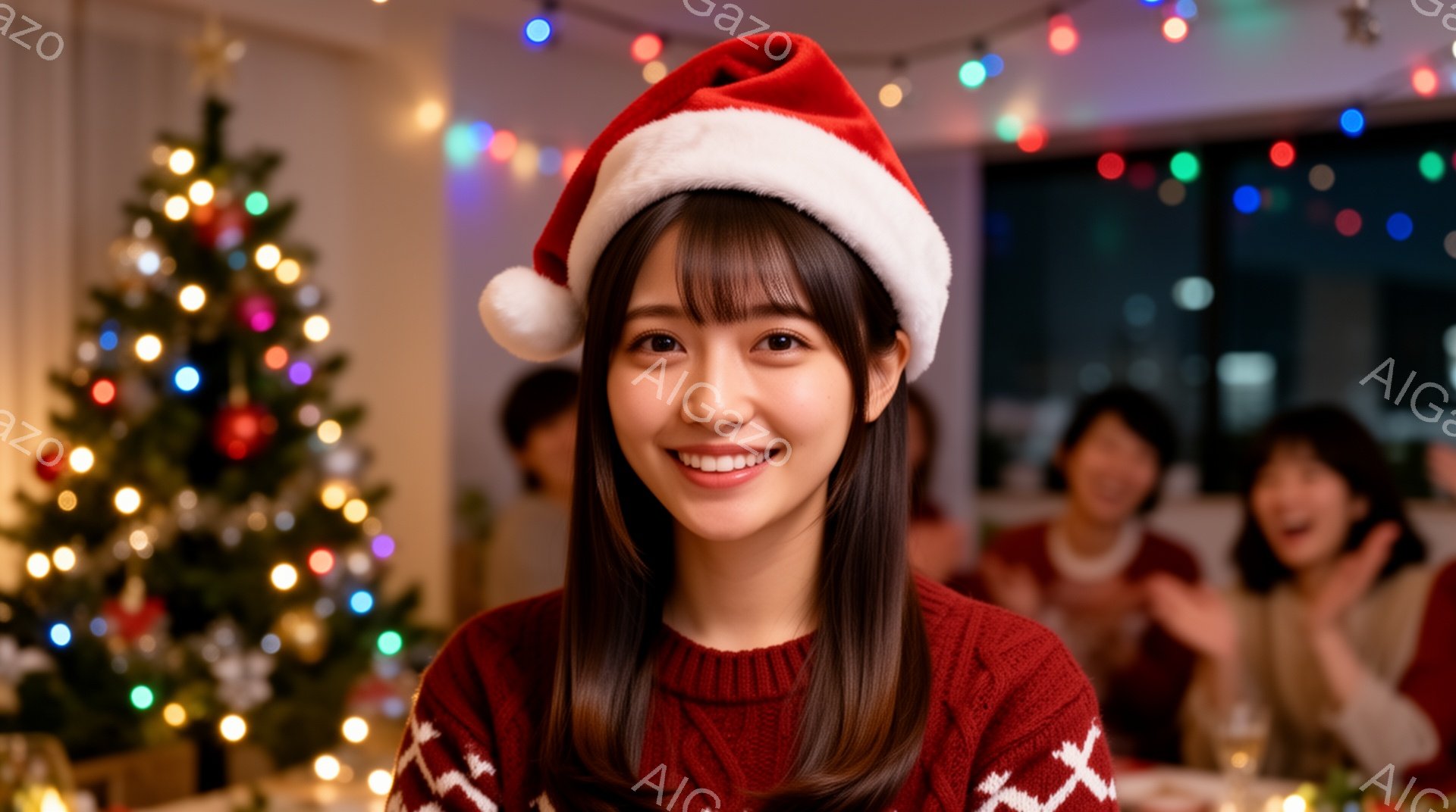 若い女性がサンタの帽子をかぶり、笑顔でカメラを見ています。彼女は赤いセーターを着ており、茶色の長い髪は肩にかかっています。背景には、クリスマスツリーと他の人々が写っており、暖かく楽しい雰囲気です。 - AI生成フリー素材