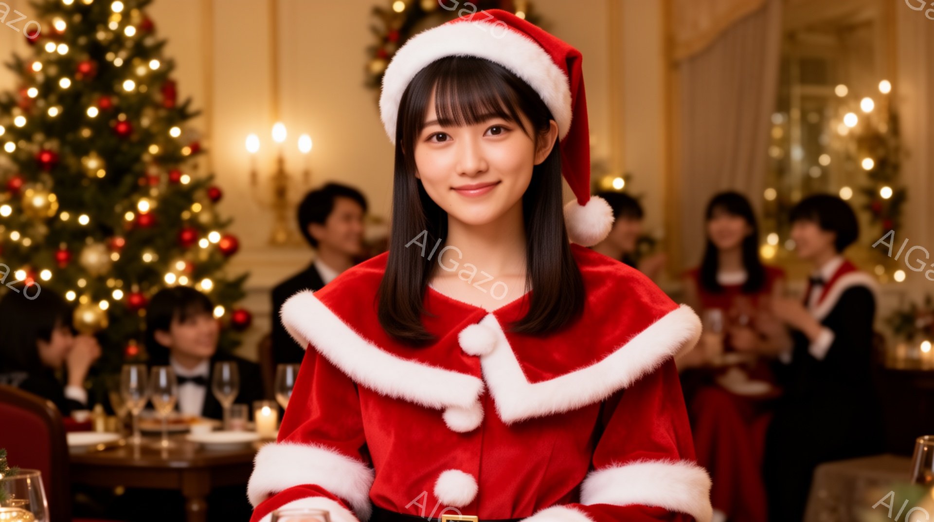 画像には、サンタの帽子をかぶった若い女性が写っており、赤い衣装を着ています。彼女は微笑んでおり、背景にはクリスマスツリーと他の人々が写っており、まるでクリスマスパーティーのようです。暖かく明るい雰囲気で、賑やかなお祝いの場であることがわかります。