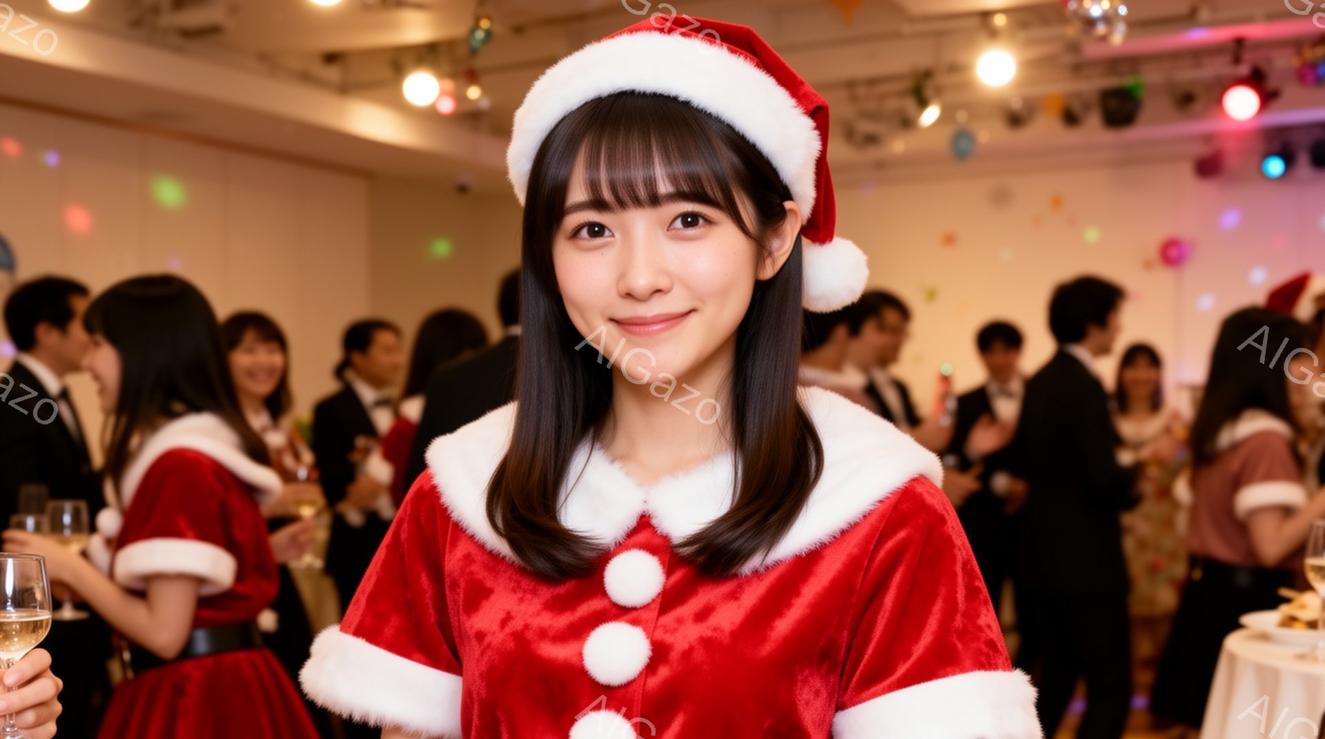 画像は、クリスマスパーティーのような会場で、サンタクロースの衣装を着た女性が写っています。彼女は茶色の髪を肩まで伸ばし、前髪を揃えています。明るい笑顔でカメラを見つめており、背景には多くの人々がフォーマルな服装でパーティーを楽しんでいる様子が見えます。