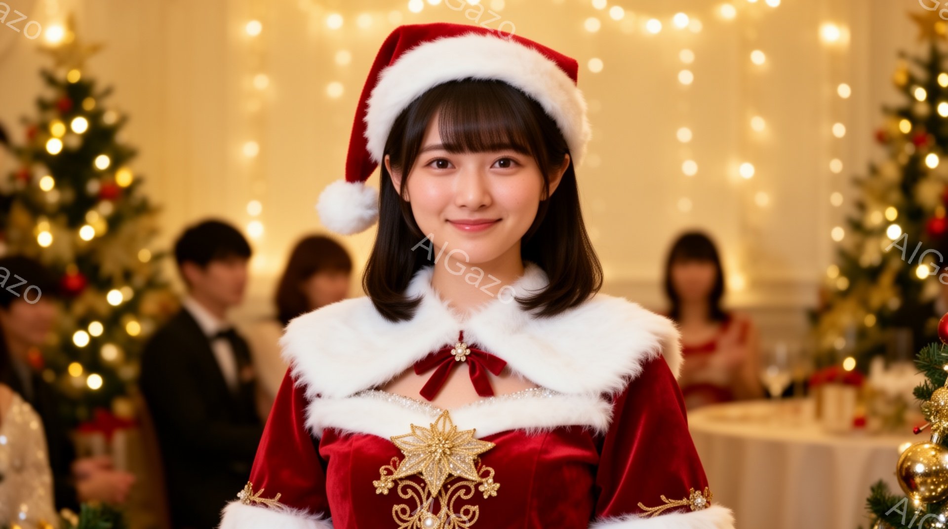 画像は、赤いサンタクロースの衣装を着た若い女性が正面を向いて写っています。彼女は短い茶色の髪で、微笑んでいます。背景には、クリスマスツリーや他の人々が見え、華やかなパーティー会場のようであり、温かく楽 - AI生成フリー素材