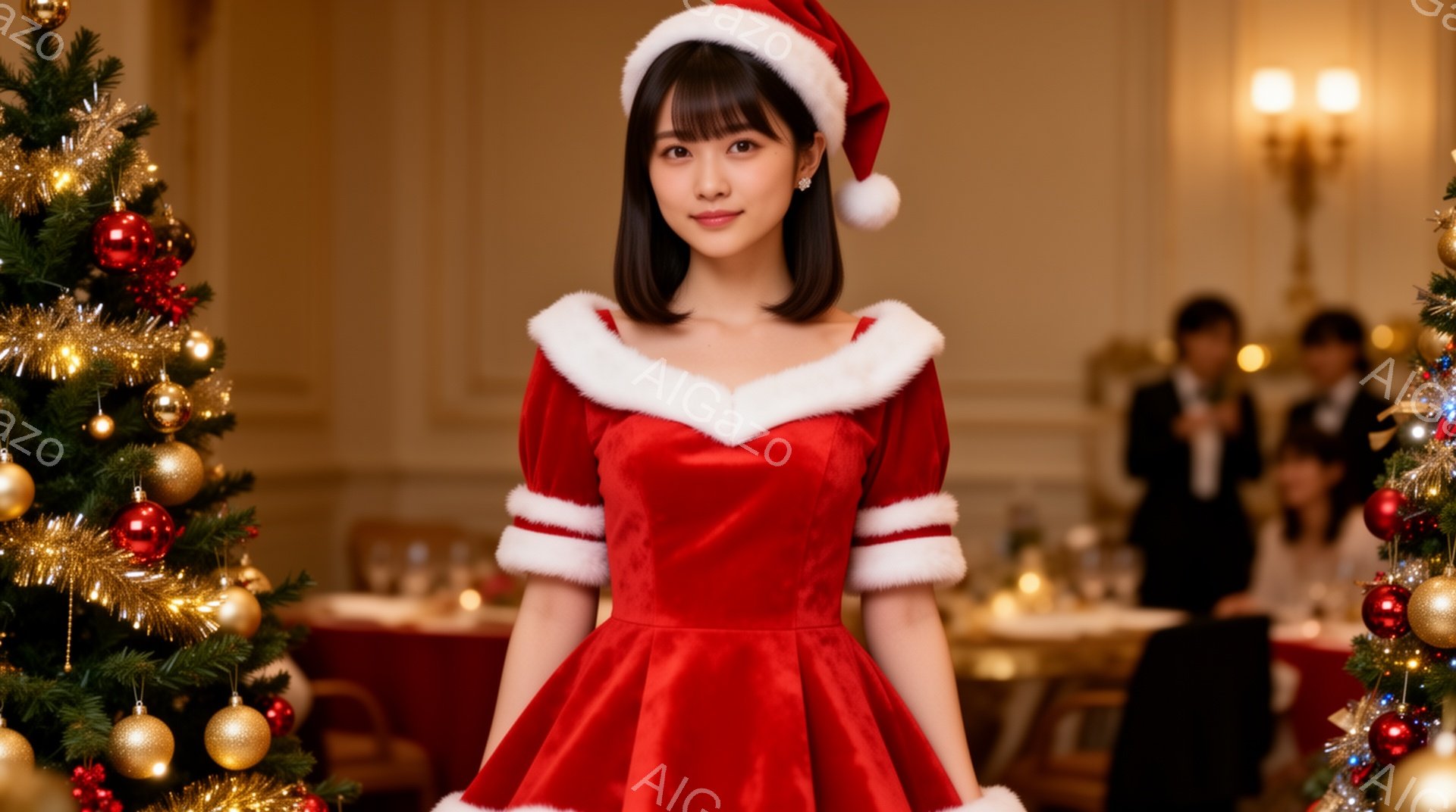 鮮やかな赤いサンタクロースの衣装を着た女性が写っている。彼女は肩と裾に白いフリルが付いたベルベットのドレスと、赤いサンタ帽を被っている。背景にはクリスマスツリーや装飾されたテーブルがぼやけており、華や - AI生成フリー素材