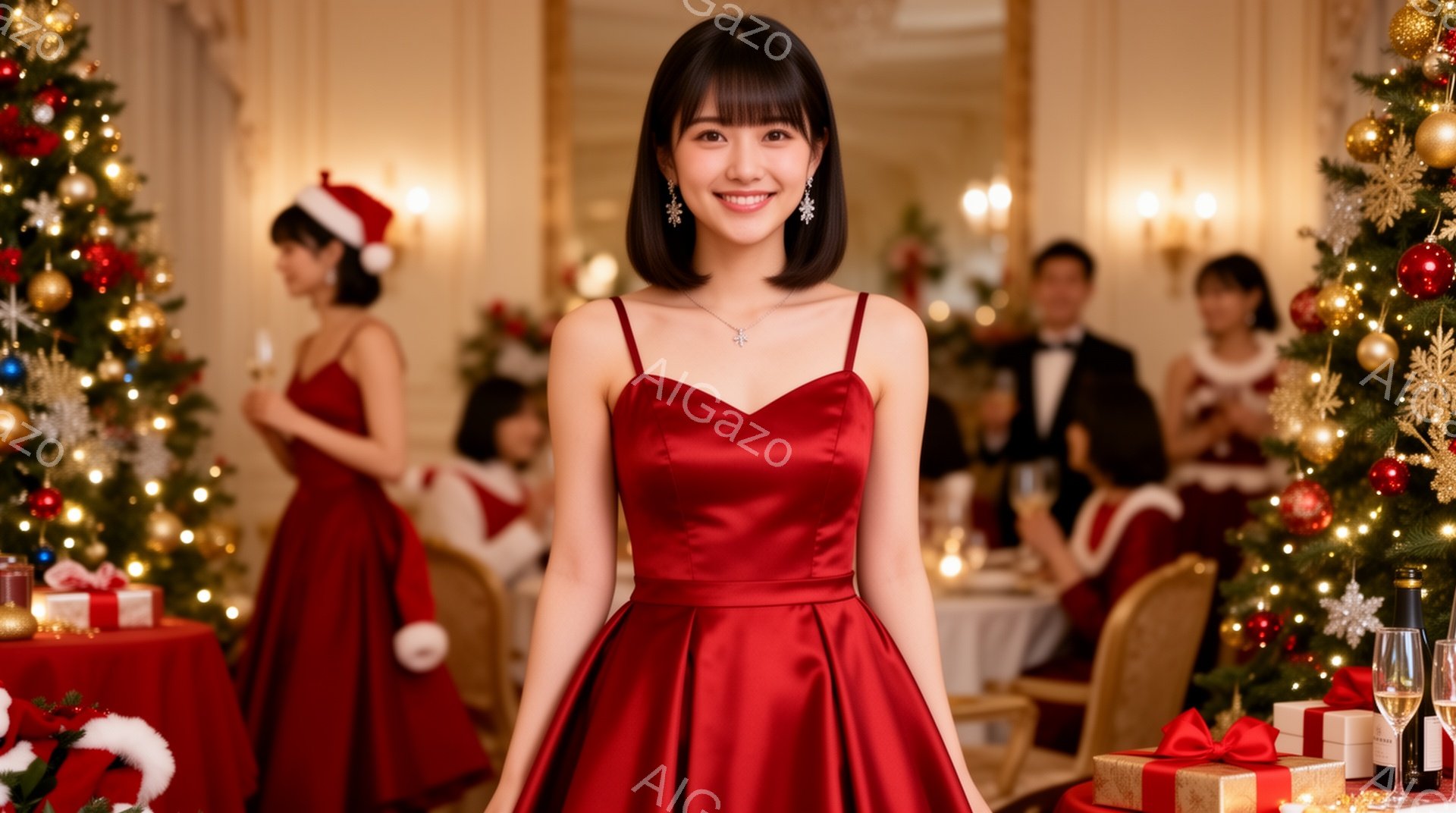 真っ赤なイブニングドレスを着た若い女性が、カメラに向かって微笑んでいます。彼女は肩を出し、宝石のイヤリングと繊細なネックレスを身につけ、髪は肩にかかる長さで内側にカールしています。背景には、クリスマスツリーやプレゼント、そして他のパーティー参加者がぼやけており、華やかで祝祭的な雰囲気を醸し出しています。