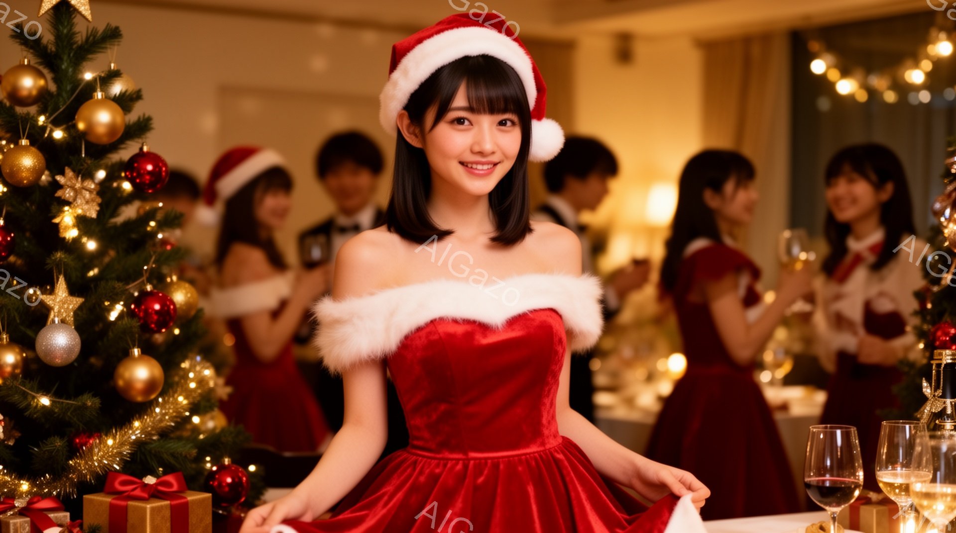 画像には、赤いベルベットのオフショルダーのドレスを着てサンタ帽をかぶった若い女性が写っています。彼女は微笑んでおり、ドレスの裾を軽く持っています。背景には、クリスマスツリーや他のドレスを着た人々がぼやけており、暖かく華やかなクリスマスパーティーの雰囲気が漂っています。