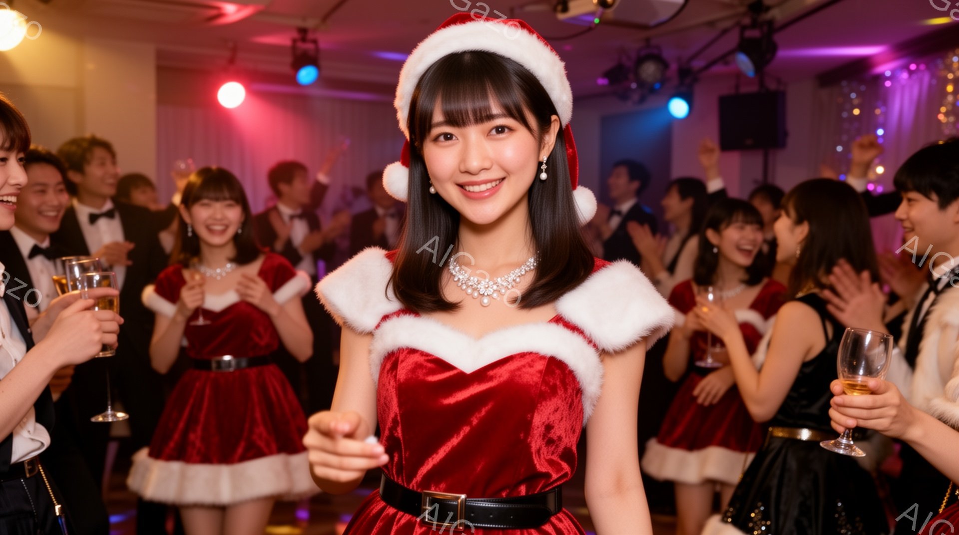 画像中央には、赤いベルベットのドレスとサンタクロースの帽子を身に着けた女性がいます。彼女は笑顔でカメラの方を見ており、片手を伸ばして何かを指し示しています。背景には、グラスを持った人々が写っており、パ - AI生成フリー素材