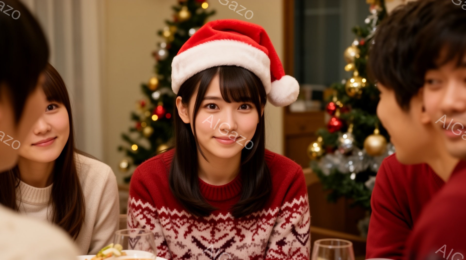 この画像は、クリスマスを祝う人々の集まりを捉えています。中央の女性は、白いポンポン付きの赤いサンタ帽をかぶり、白いノルディック柄のセーターを着ています。彼女は微笑んでおり、背景にはクリスマスツリーが飾られています。