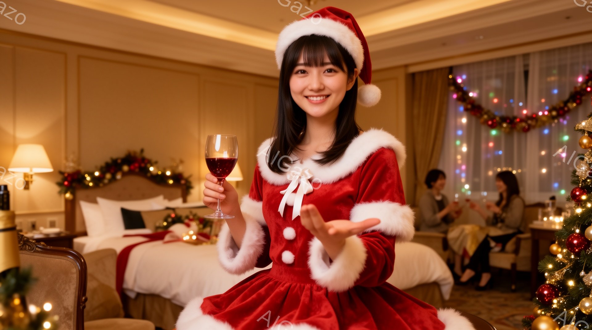 画像には、赤いサンタクロースの衣装を着た若い女性が写っています。彼女は微笑み、片手にワイングラスを持ち、もう一方の手を前に広げて何かを提示するようなポーズをとっています。背景には、クリスマスデコレーションが施された明るい客室、そして他の女性たちが座っている様子が見えます。