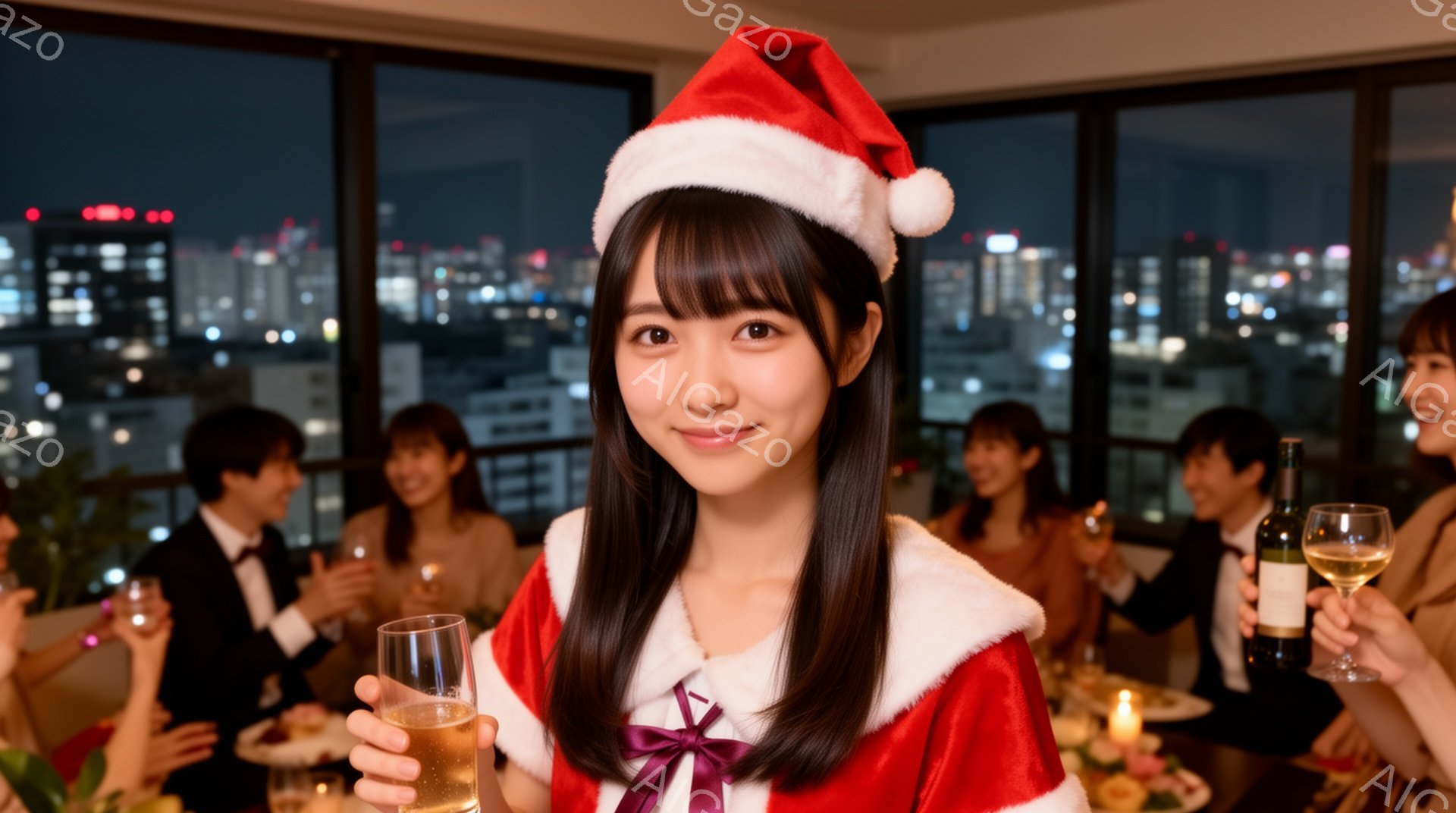 画像の中心には、サンタ帽をかぶり、赤いサンタの衣装を着た若い女性がいます。彼女は笑顔でカメラを見つめ、片手にグラスを持っており、背景にはワイングラスを持つ人々が写るパーティー会場の様子が見えます。夜景が広がる高層階の窓から、都市の明かりが灯り、華やかで暖かいクリスマスパーティーの雰囲気が伝わってきます。