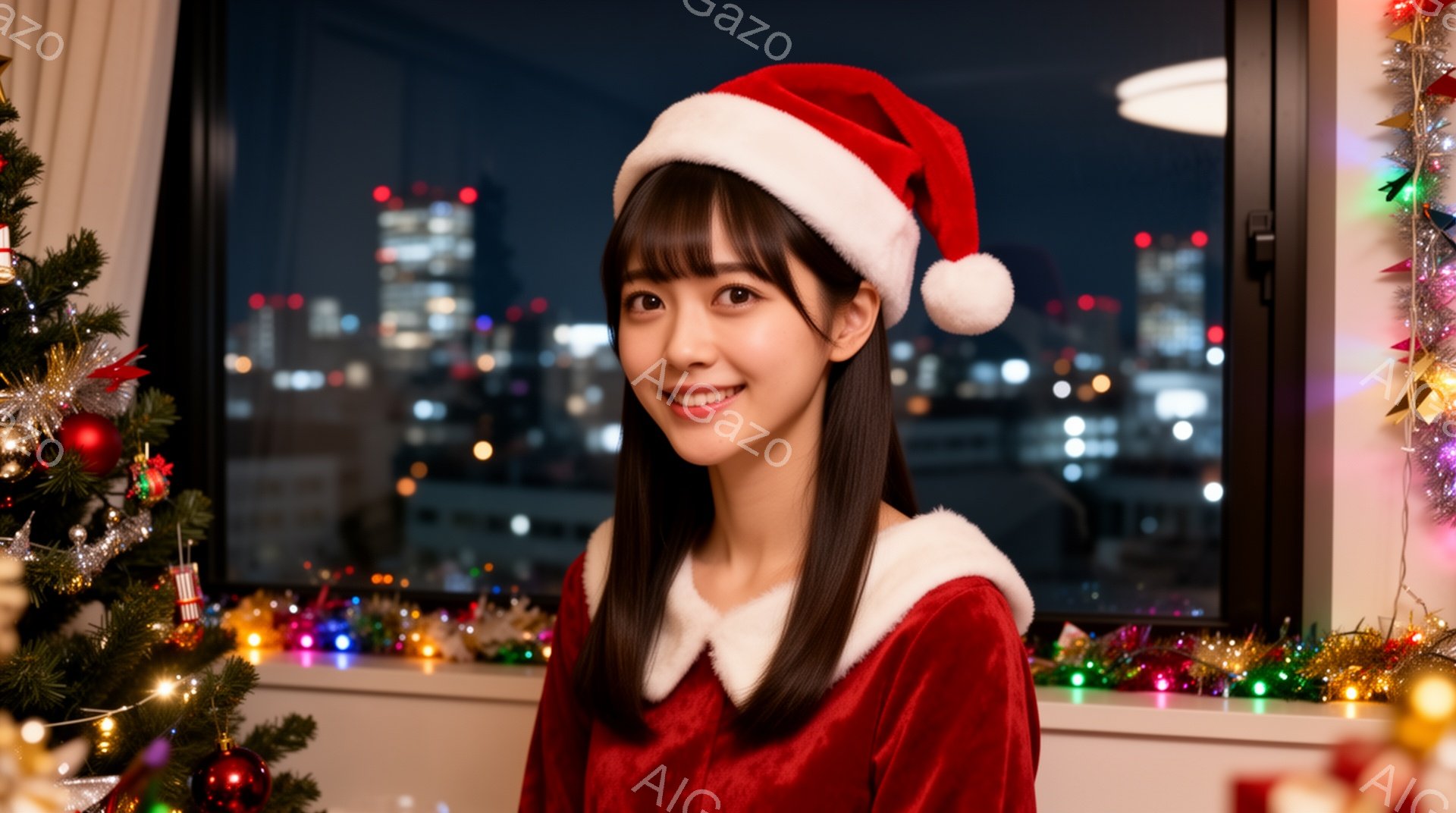 若い女性がサンタクロースの帽子をかぶり、赤いベルベットのドレスを着ています。彼女は微笑んでカメラを見ており、長いダークブラウンの髪は肩にかかっています。背景にはクリスマスツリーの飾りと、夜景の見える窓があり、お祝いの雰囲気が漂っています。