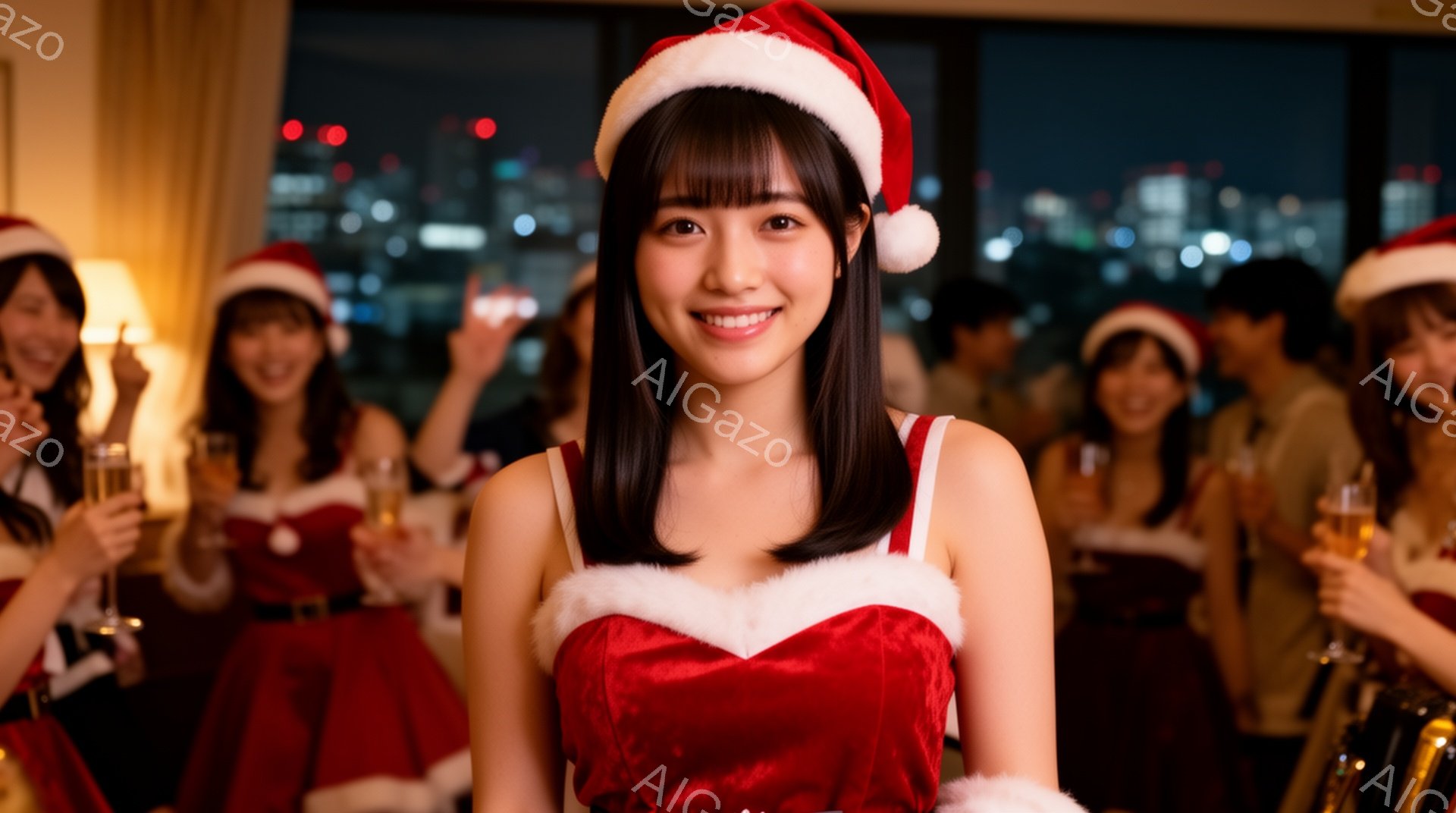 画像の中心には、サンタクロースの帽子を被り、赤いベルベットのドレスを着た若い女性が写っています。彼女は笑顔でカメラを見つめ、両手を前に出して少し姿勢を正しています。背景には、シャンパンのグラスを持った他の人々がクリスマスパーティーを楽しんでいる様子と、夜景の見える高層ビルの窓が見えます。