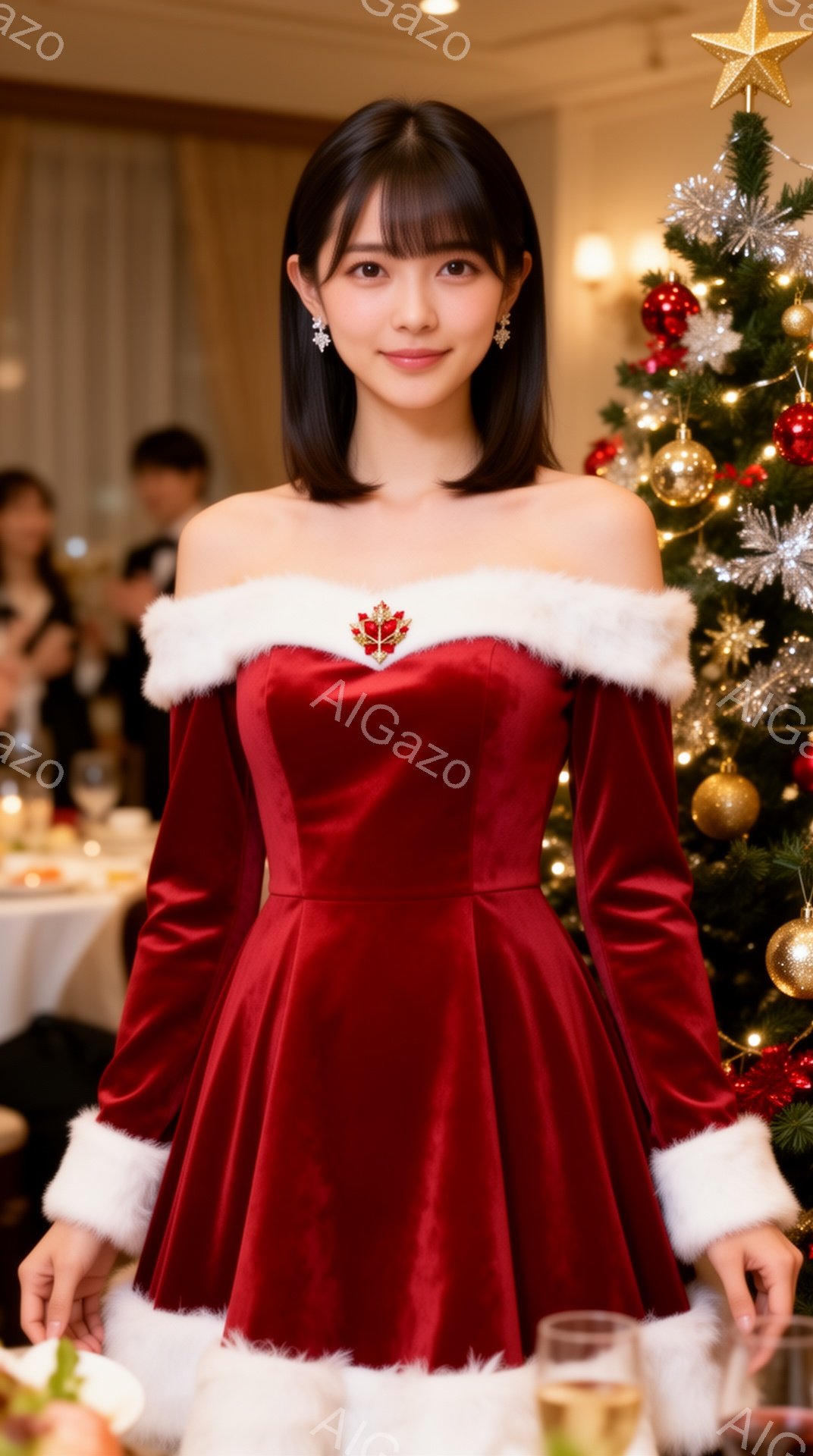 長い黒髪を肩のあたりで切り揃え、前髪をふんわりと流した女性が、赤いベルベットのオフショルダーのドレスを着ています。ドレスの縁には白いファーがあしらわれ、胸元には金色のブローチが輝いています。背景にはクリスマスツリーが飾られ、テーブルにはグラスや料理が並び、華やかなパーティーの雰囲気が漂っています。