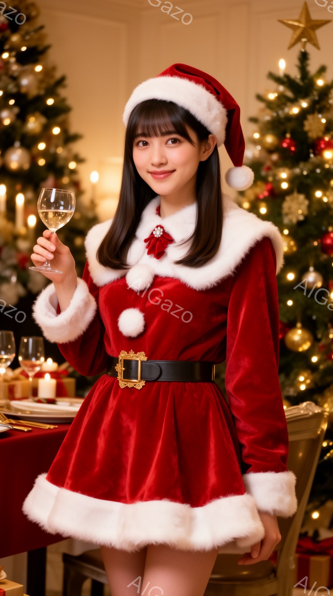 画像には、赤いサンタクロースの衣装を着た若い女性が写っています。彼女は明るい笑顔を浮かべ、片手にワイングラスを持っており、クリスマスツリーが背景にぼやけて見えます。暖かく華やかな雰囲気で、クリスマスの - AI生成フリー素材