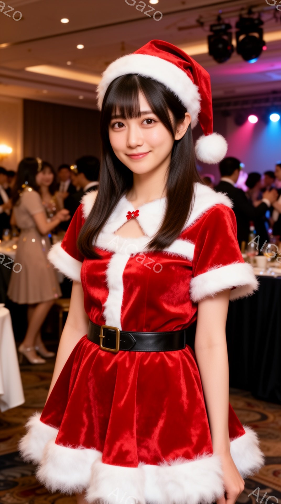 画像は、サンタクロースの衣装を着た若い女性が写っています。彼女は赤いベルベットのドレスに白いトリミング、黒いベルトを身につけ、頭にはサンタ帽子をかぶっています。背景には、他の人々がパーティーやイベント - AI生成フリー素材