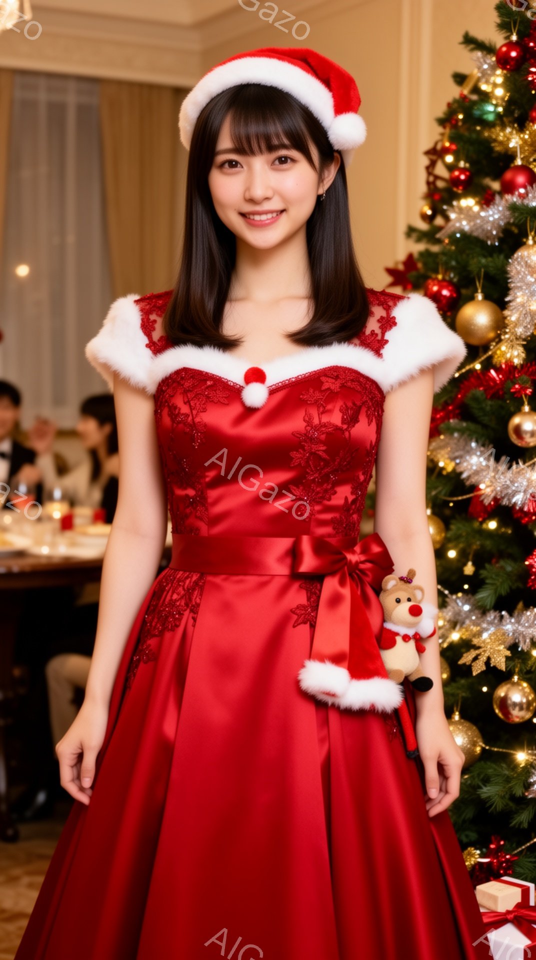 長い黒髪で、赤いサンタの帽子を被った若い女性が写っています。彼女は赤いレースとサテンのドレスを着ており、白いファーのトリミングが付いています。背景にはクリスマスツリーと、ぼやけたパーティー会場が見え、 - AI生成フリー素材