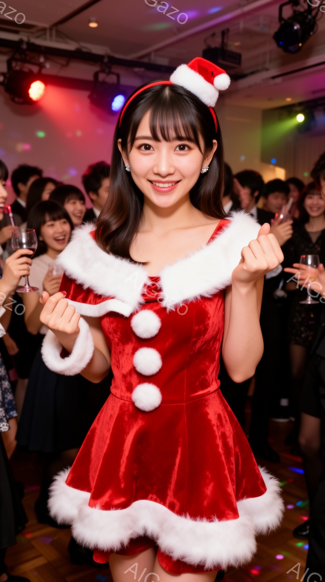 画像には、赤いサンタの衣装を着た若い女性が写っています。彼女は笑顔で両手を握り締め、楽しそうな表情をしています。背景には他の人々がパーティーを楽しんでいる様子が見え、会場は明るい照明と装飾で活気に満ちています。