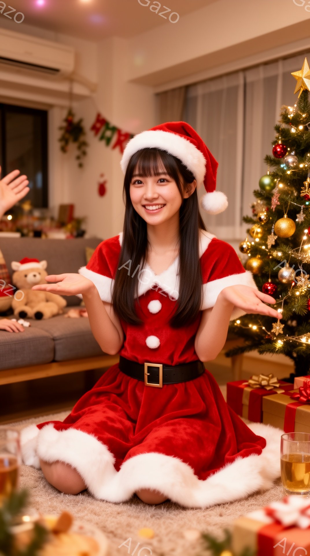 女性は赤いサンタクロースの衣装を着て、両手を広げて何かを説明しているようです。彼女は長い黒髪で、笑顔で前を見つめており、背景にはクリスマスツリーやプレゼントの箱が並んでいます。室内は暖かく、クリスマス - AI生成フリー素材