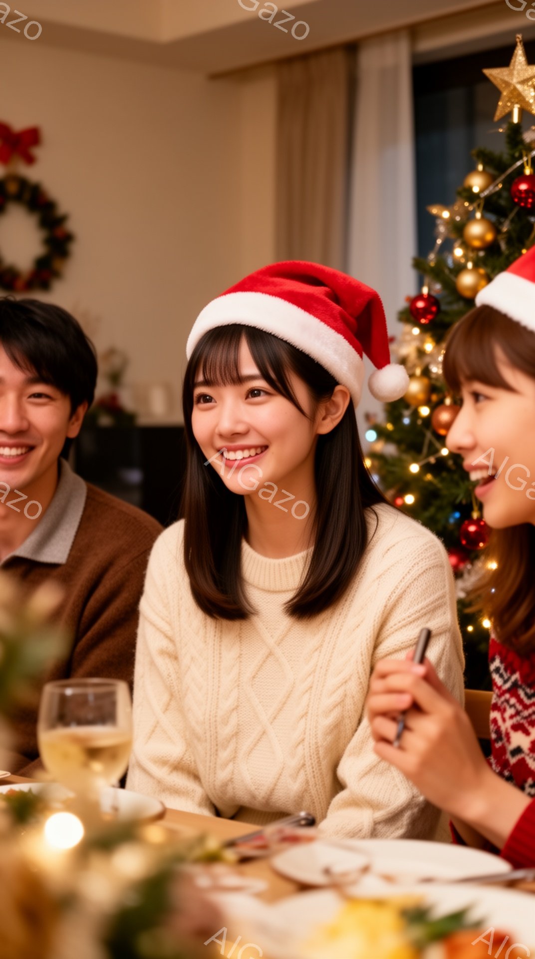 室内でクリスマスディナーを楽しんでいる様子が写っている。中央の女性は赤いサンタの帽子を被り、クリーム色のニットを着て笑顔を見せている。背景にはクリスマスツリーが飾られ、暖かく賑やかな雰囲気が漂っている - AI生成フリー素材