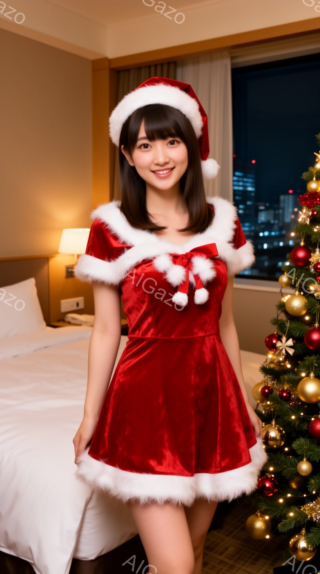 女性は赤いサンタクロースの衣装を着ており、白いフリルが縁取られています。彼女は長い茶色の髪をしており、微笑んでいます。背景には、クリスマスツリーと夜景の見えるホテルの部屋があります。 - AI生成フリー素材