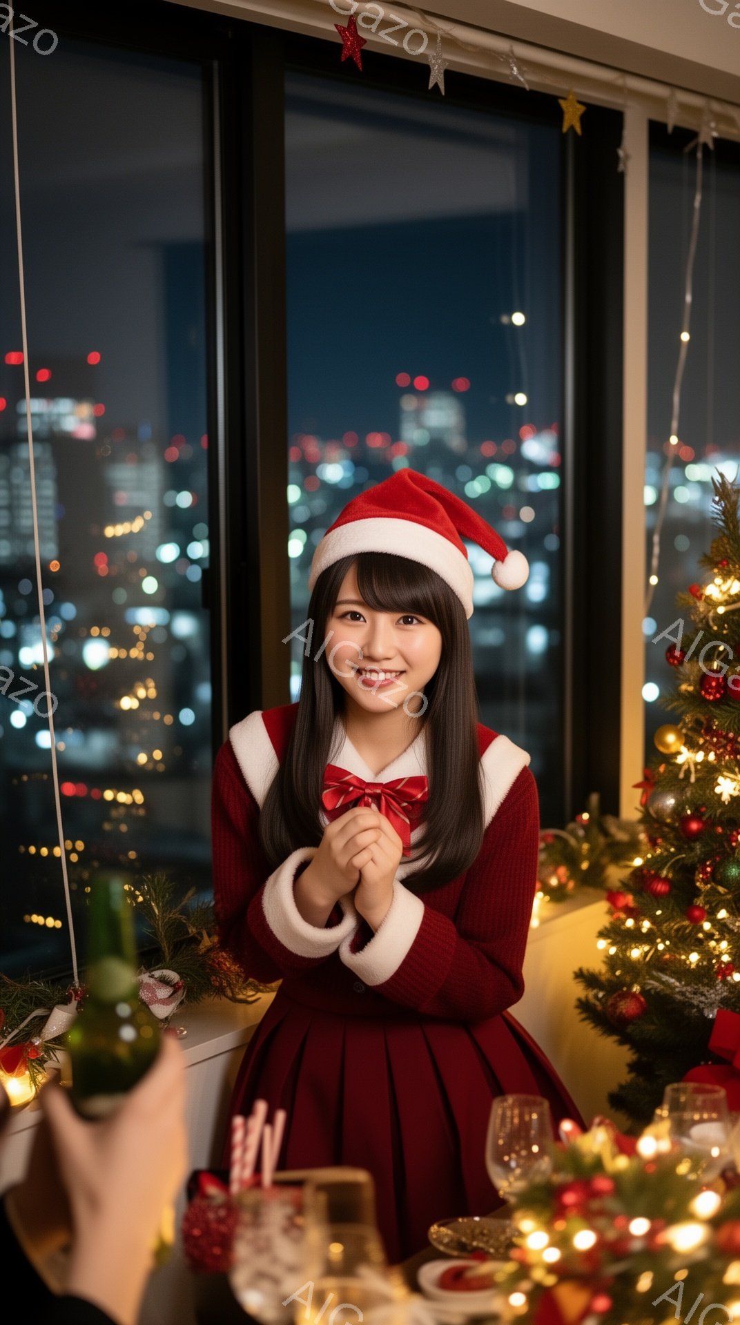 女性はサンタクロースの衣装を着て微笑んでいます。赤いワンピースに白いファーのトリム、そしてサンタ帽を被っており、両手を頬に当てて楽しそうな表情をしています。背景にはクリスマスツリーや食卓が見え、窓の外 - AI生成フリー素材