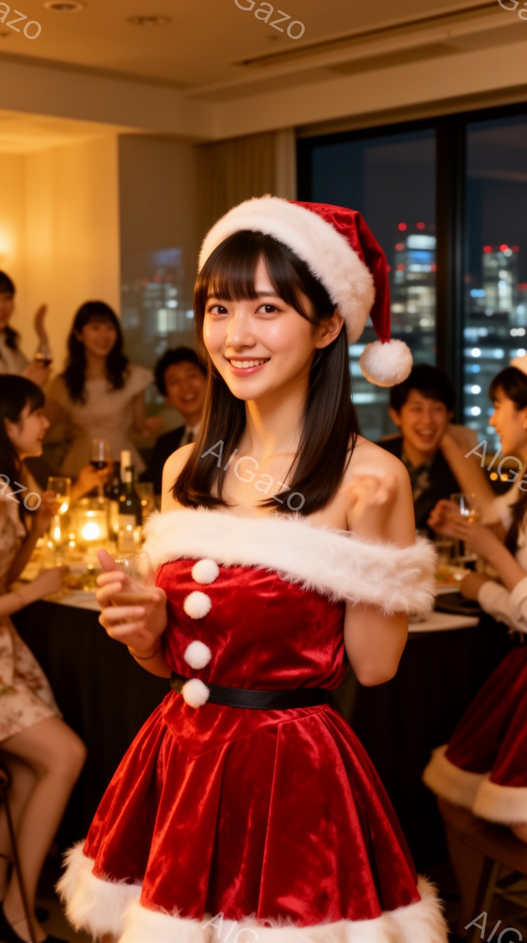 画像は、クリスマスパーティーと思われる室内で、赤いサンタクロースの衣装を着た若い女性が写っています。彼女は黒髪で前髪が短く、笑顔で何かを語っているようで、片手にグラスを持っています。背景には他の参加者 - AI生成フリー素材