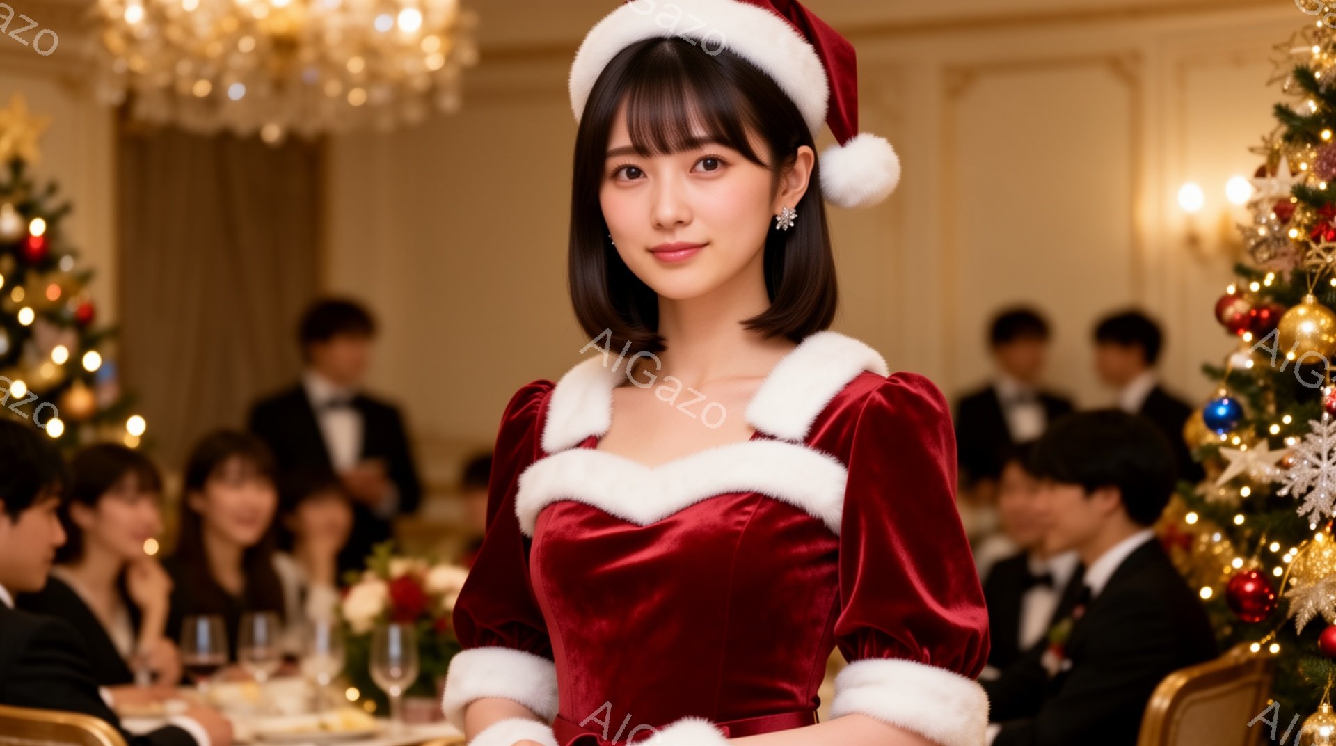 画像は、クリスマスらしい装飾が施されたダイニングルームで、サンタクロースの衣装を着た若い女性が写っている。彼女は肩までの長さのダークブラウンの髪で、少し微笑んでおり、赤いベルベットのドレスに白いファーのトリムが付いている。背景には、フォーマルな服装をした人々が食事をしている様子がぼやけて写っており、豪華なシャンデリアが光を放っている。