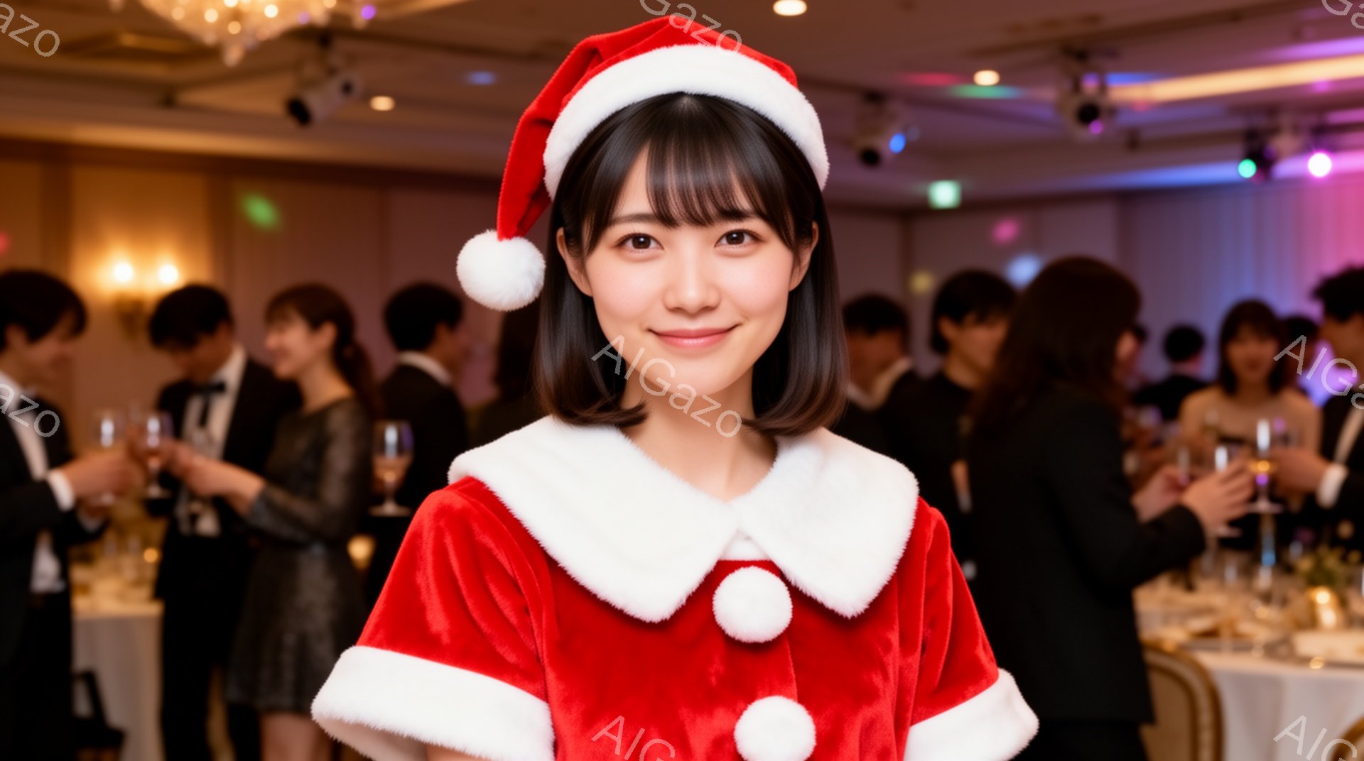 黒髪の女性がサンタクロースの衣装を着て、カメラに向かって微笑んでいます。彼女は赤いベルベットのドレスと白い縁取りのケープ、そしてサンタ帽を身につけており、明るく親しみやすい表情をしています。背景には、フォーマルな服装をした人々がパーティー会場でグラスを持って立っている様子が見え、華やかで賑やかな雰囲気が漂っています。