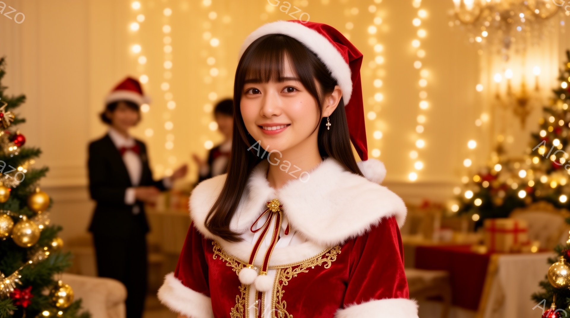 画像は、赤いサンタの衣装を着た若い女性が正面を向いて微笑んでいる様子を捉えています。彼女はふわふわの白い襟と縁取りのついたベルベットの赤いドレスを着ており、頭にはサンタ帽子を被っています。背景には、クリスマスツリー、装飾、そしてぼやけた他の人物がおり、暖かくお祝いの雰囲気が漂っています。